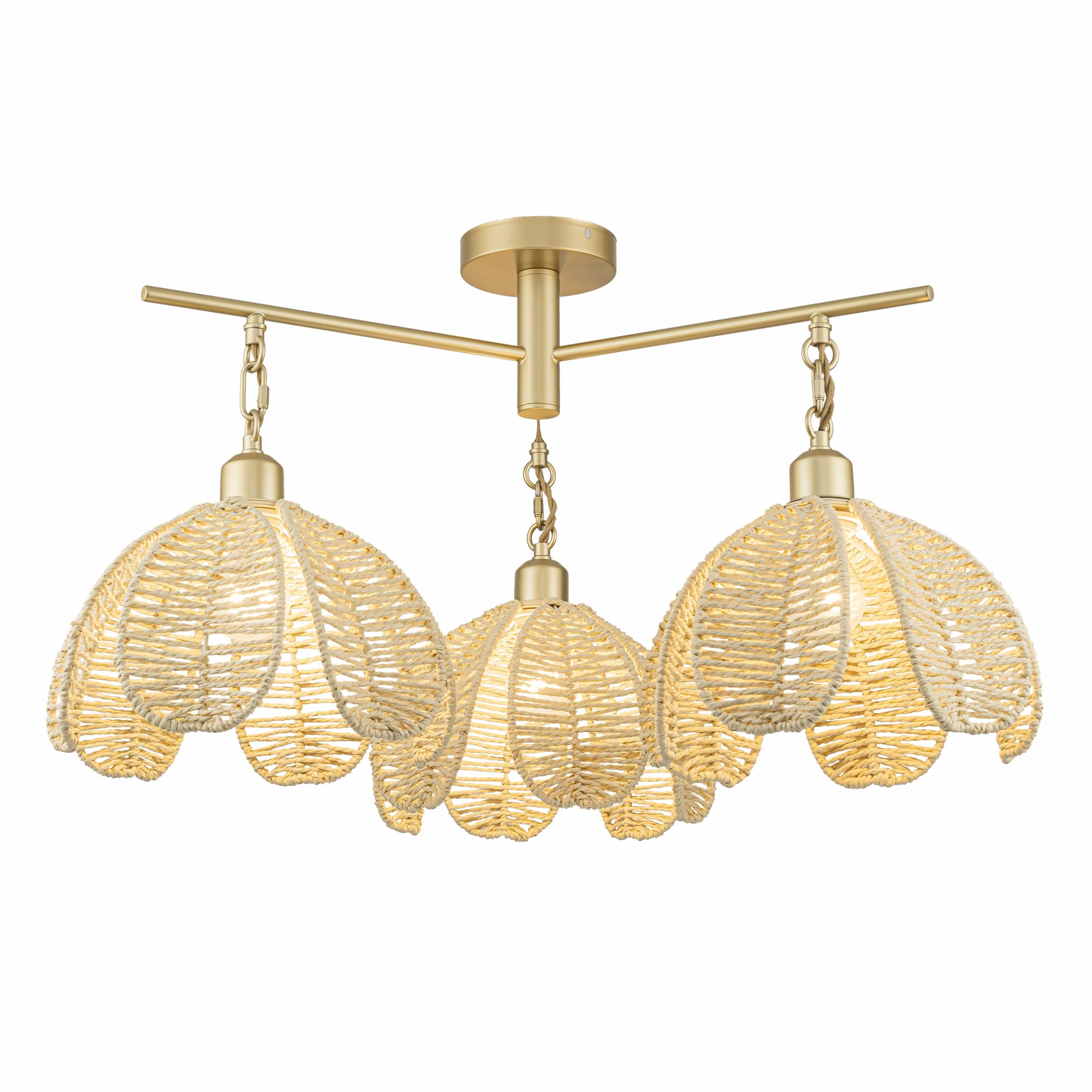 Modern 3-Light Sputnik Spider Semi Flush Mount Coastal Boho Ceiling Light Natural Rattan Lighting for Hallway or Bedroom