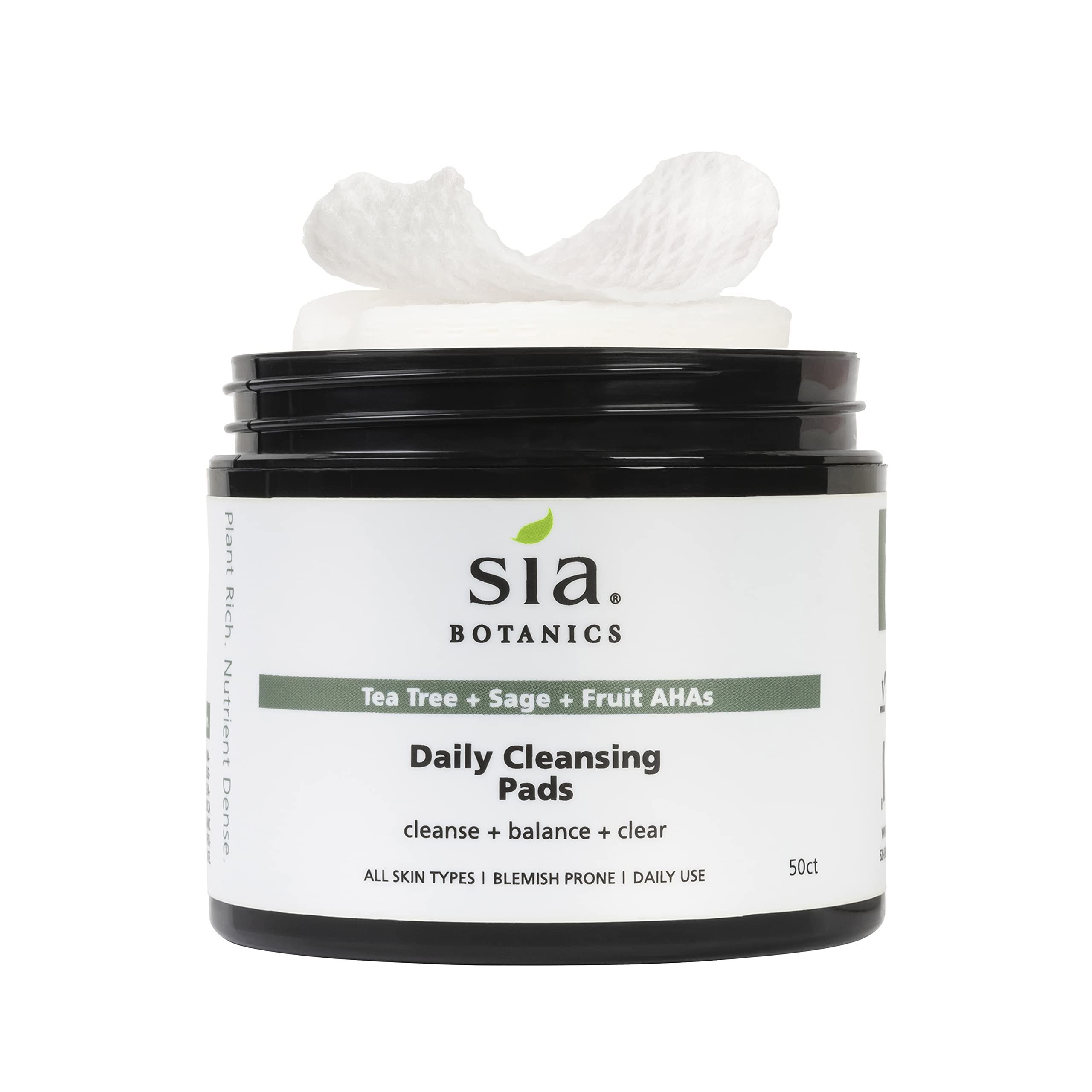Sia Botanics Almohadillas de limpieza facial, aceite natural de árbol de té con botánicos del desierto y ácido alfa-hidroxi natural, 50 almohadillas