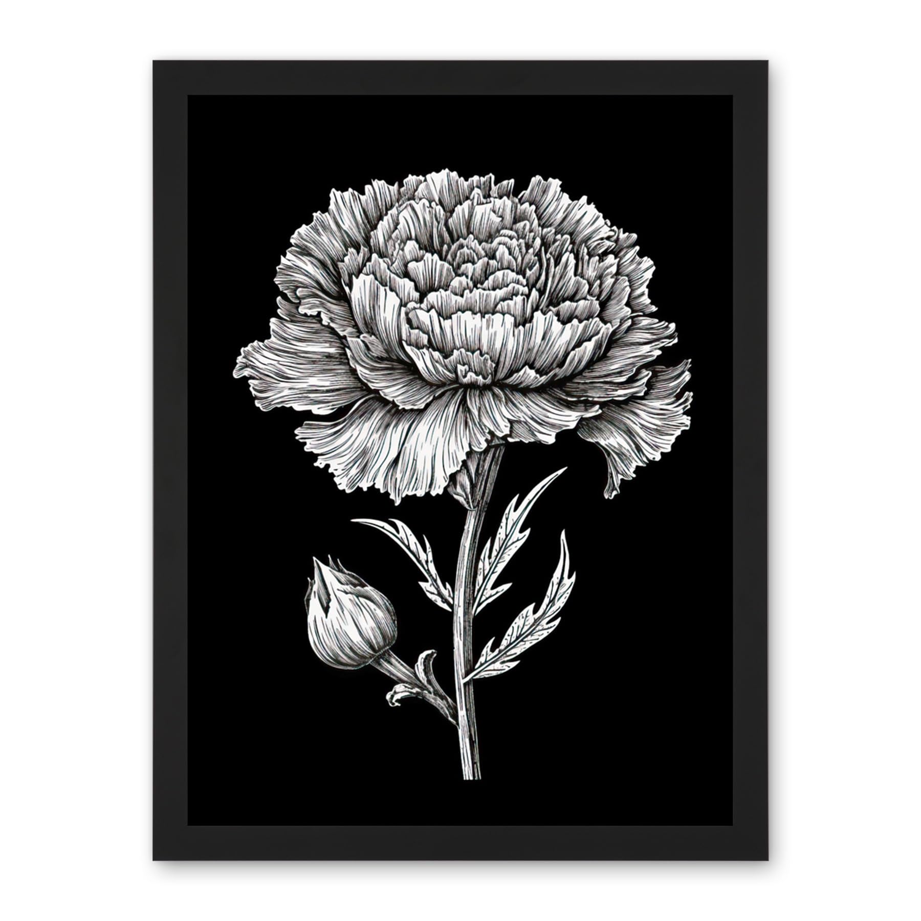Artery8 Carnation Flower Black and White Linocut Print Artwork Framed Wall Art Print 18X24 Inch