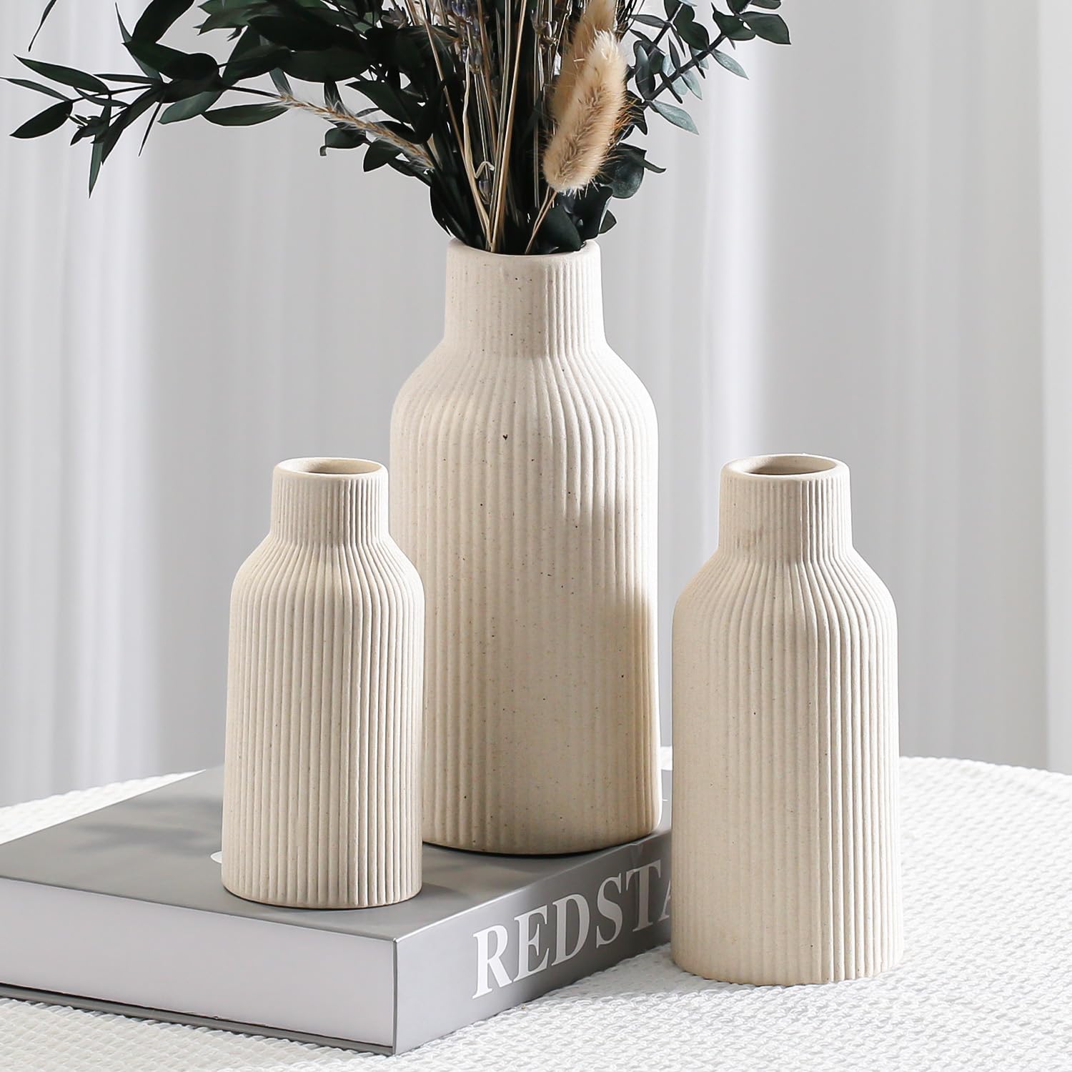 Czeski beżowy wazon ceramiczny – na trawę pampasową, gzyms, regał na książki, do przedpokoju i dekoracji salonu (beżowy, 3 sztuki)