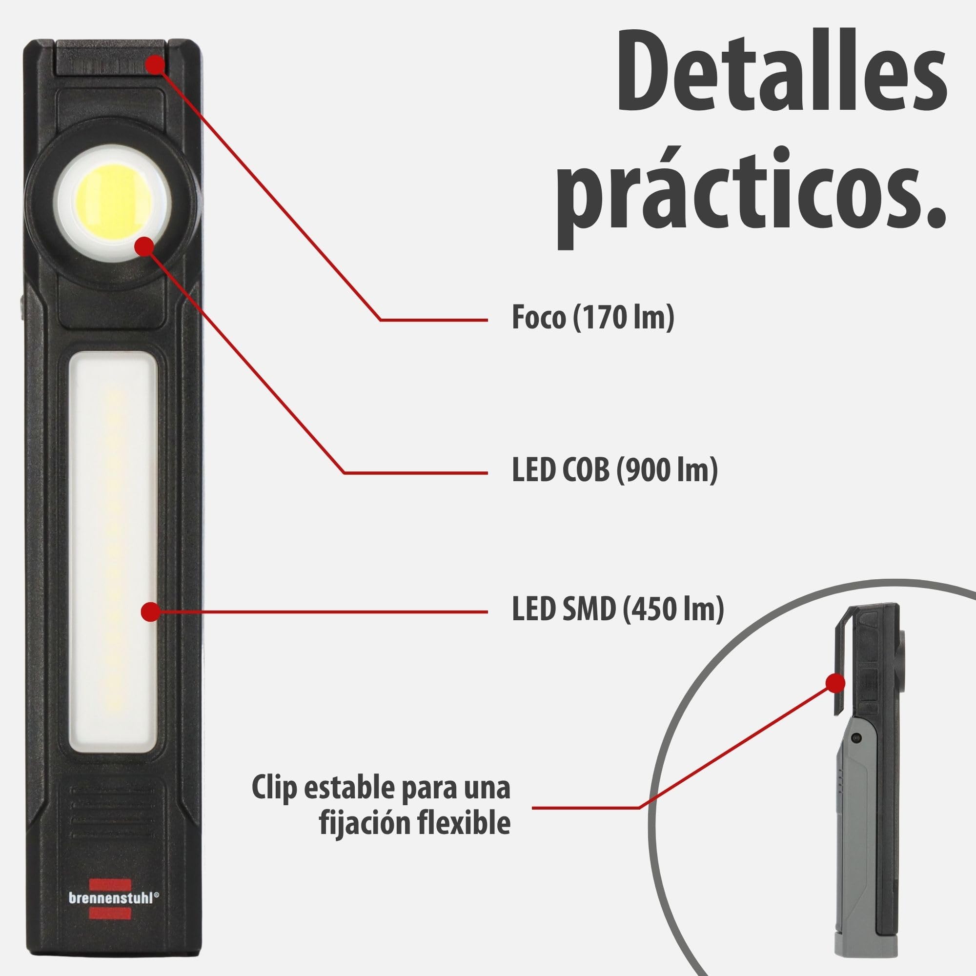 Brennenstuhl Linterna de taller LED recargable HL 900 A/Lámpara de trabajo con imán (3 fuentes de luz, 900lm, IP54, hasta 40h de duración, batería intercambiable, asa 130°, 6500K)