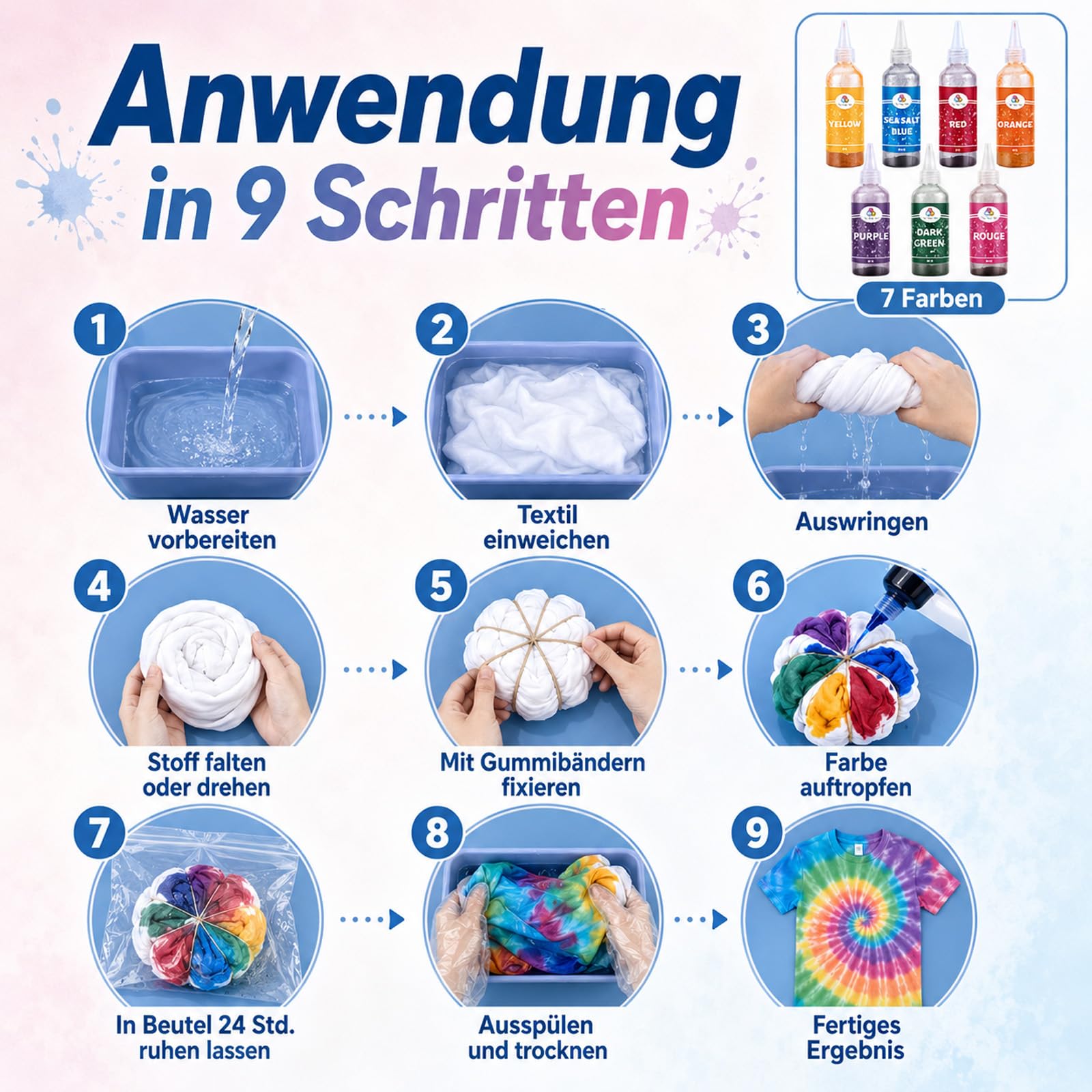 Batikfarben Set 7 Farben, Waschbare Textilfarbe für Kinder, Batikfarben Set Waschfest, Färbemittel für Textilien, Tie Dye Kit, Batik für T-Shirts, Stoffbeutel, DIY Kleidung, Stoffmalfarben