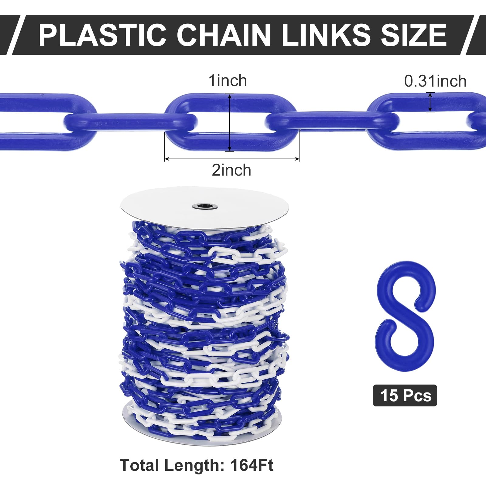 PATIKIL Cadena de plástico azul/blanco, 164pcs 8mm Cadena de barrera de seguridad de plástico grande Larga para control de multitudes, estacionamiento, cerca