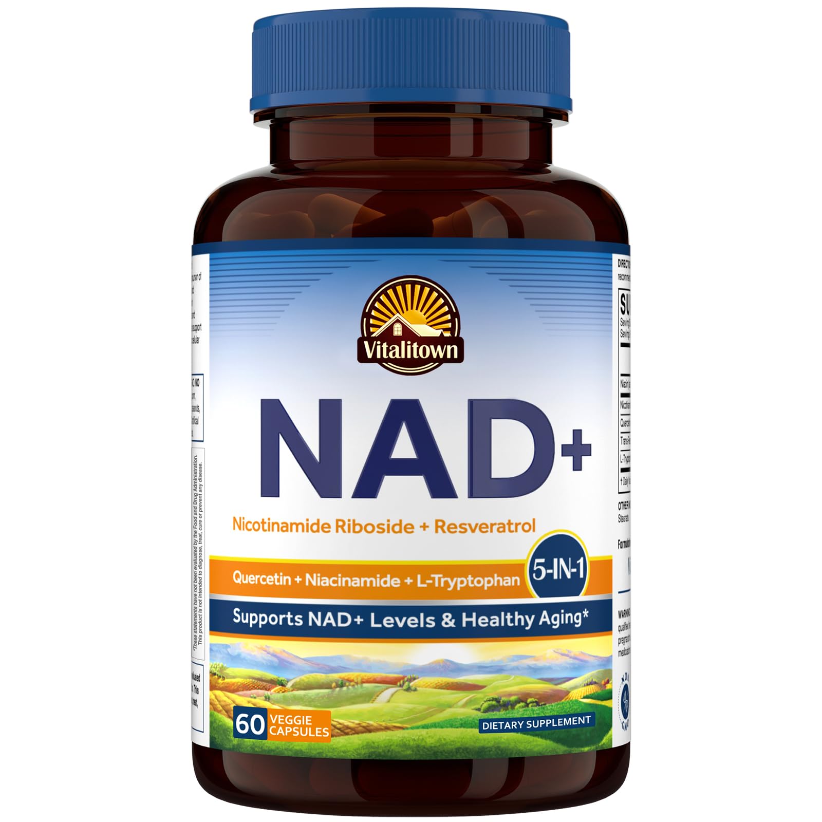 Vitalitown 5 in 1 NAD+, NMN Supplement Alternatives, Nicotinamide Riboside (NR), Trans-Resveratrol, Quercetin, Niacinamide, L-Tryptophan, for Cellular Energy, Heart, Skin, 60 Veggie Capsules 60 Count (Pack of 1)