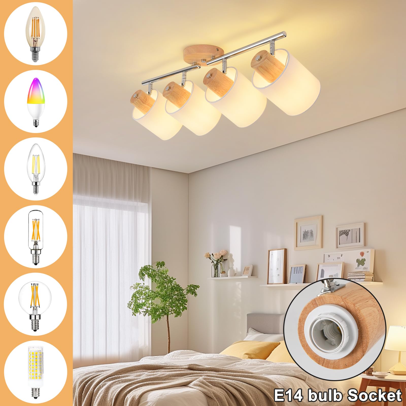 SANSHI faretti led soffitto in 4 punt,lampadario legno regolabile, Base E14 230V moderna Luce a parete,faretti soffitto per interni soggiorno, camera da letto, sala da pranzo (senza lampadine)