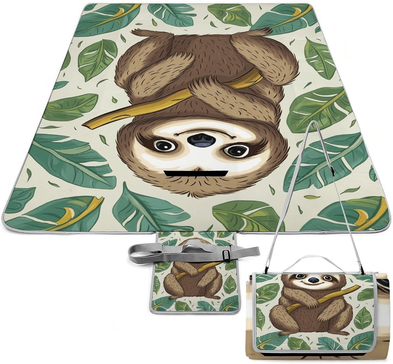 Adorable Sloth Waterproof Picnic Blanket 58.3''x58.3'',Portable and Foldable Picnic Mat with Handle,Outdoor Blankets for Lawn Park Beach Travel