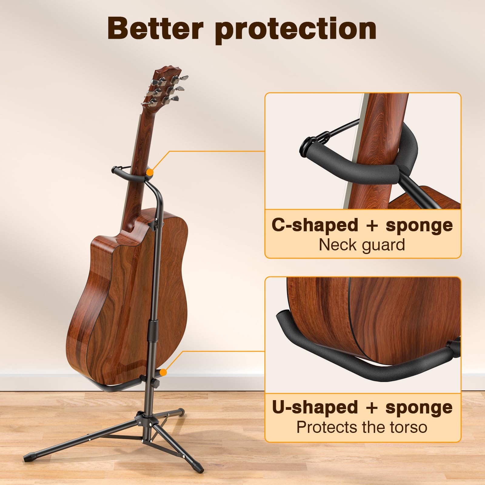 New bee Stojak na gitarę, składany, regulowana wysokość 80-93 cm, stojak z uchwytem na szyję do gitary elektrycznej, gitary akustycznej, basowej, głośności, ukulele (2 sztuki)