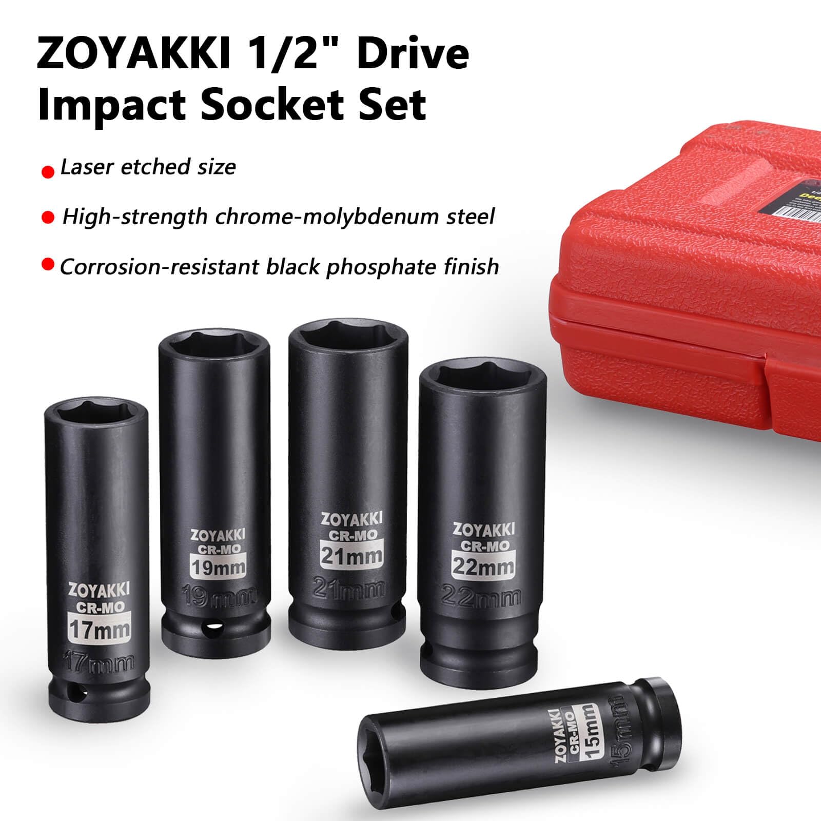 ZOYAKKI 5 Pieces 1/2-Inch Drive Deep Impact Socket Set, (15-17-19-21-22mm), Metric Wheel Nuts, 6 Point, 5 Pieces 1/2