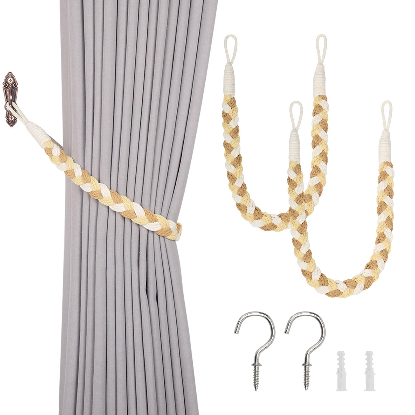 Pretty Jolly 2 Pack Natural Cotton Rope Curtain Tiebacks Elegant Boho Style Decorative Drape Tie Backs Soft Hand-Woven Rope Curtain Holdbacks with Metal Hook for Home & Office Drapery (Yellow & Khaki)