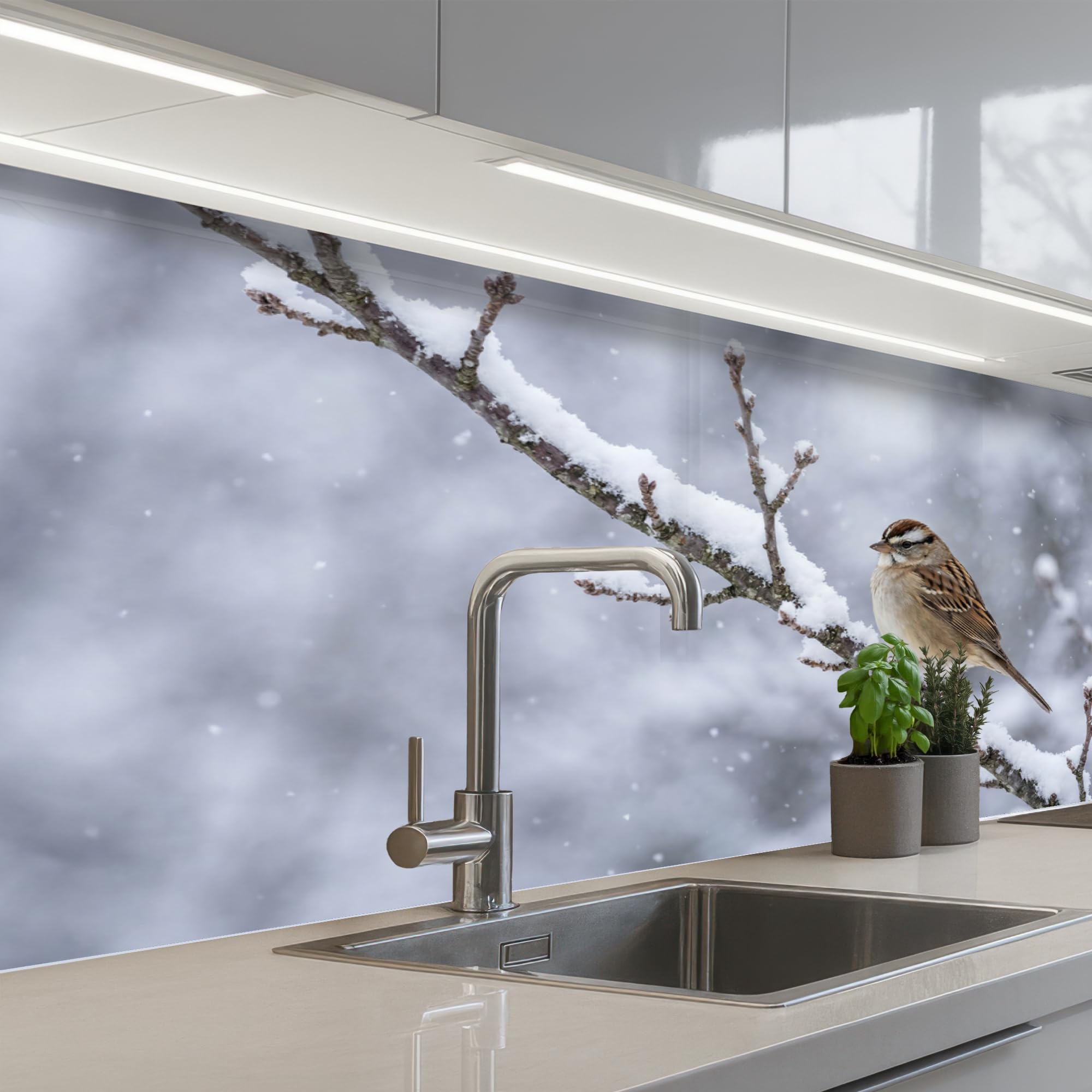 KitchenYeah© Paraschizzi Cucina Adesivo 60x150 cm Pannello Parete per Paraspruzzi Adesivi Muro Uccello - Ramo - Neve - Inverno