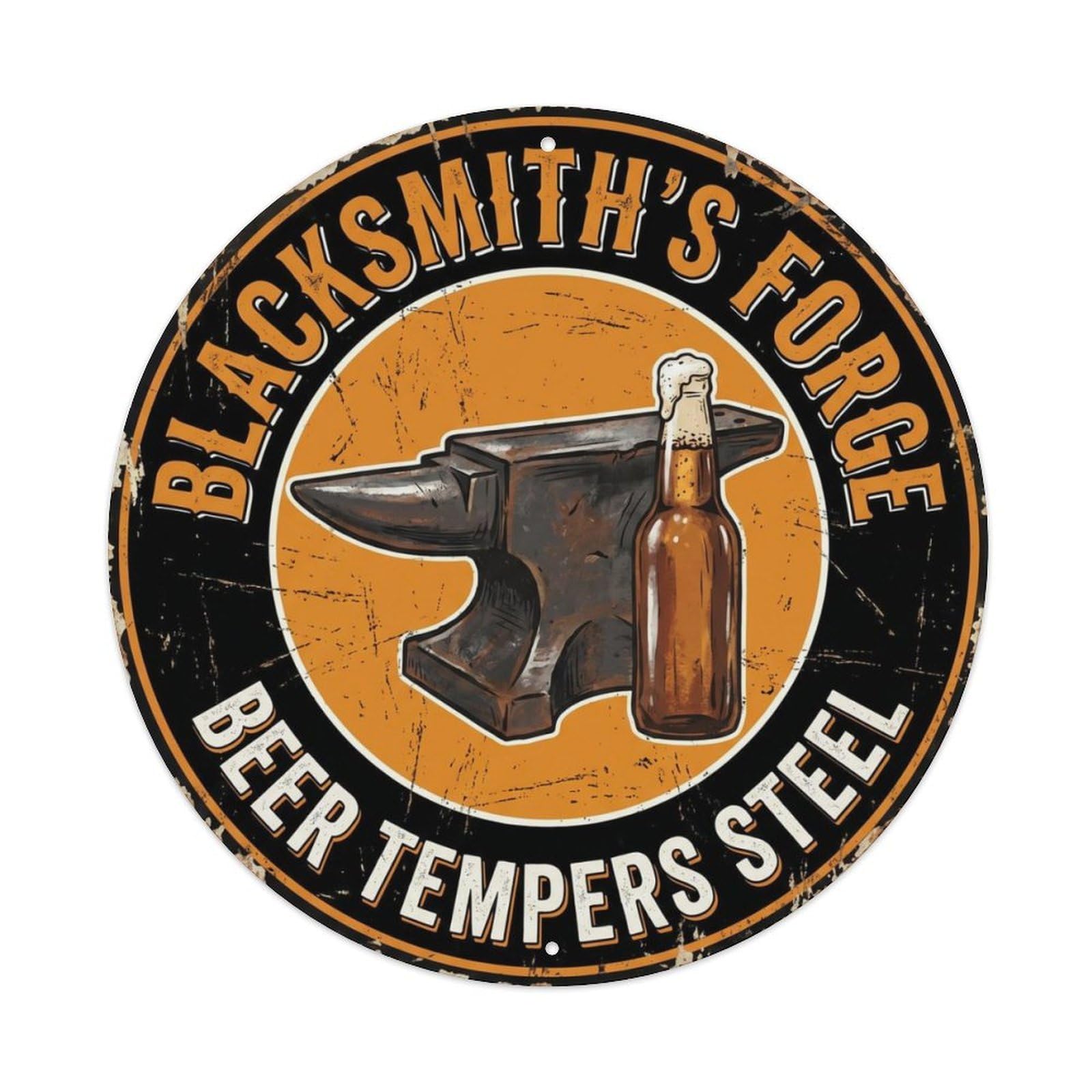 Blacksmith Forge Garage Beer Metal Tin Sign Plaque Wall Decor for Cafe, Club Bar, Office, Home Garden Round Metal Poster 8x8Inch