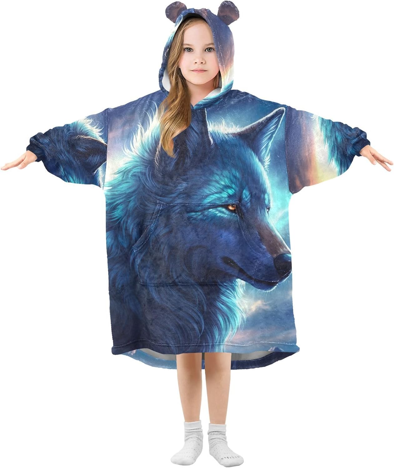 Wolf Wearable Blanket Hoodie for Kids Oversized Sherpa Hooded Blanket Cozy Warm Gift