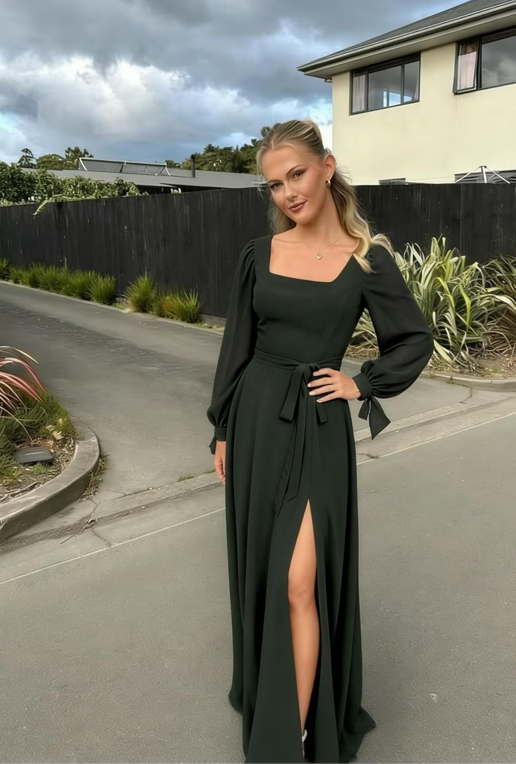 Square Neck Bridesmaid Dresses Long Sleeves Chiffon Peach Pink Prom Dress with Slit for Women 2026 A Line Wedding Guest Dress US Size 14