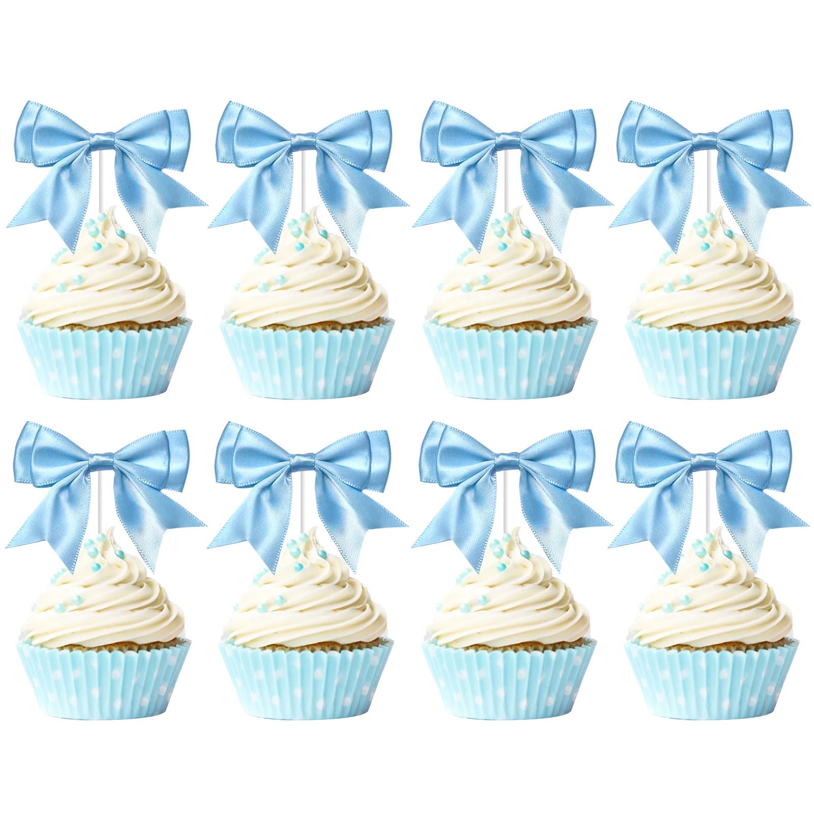 Kreatwow Blue Bow Birthday Party Decorations Ribbon Bow Cupcake Toppers 25Pcs Bowknot Cake Decoration Blue Bowknot Birthday Decors BowTie Party Decor