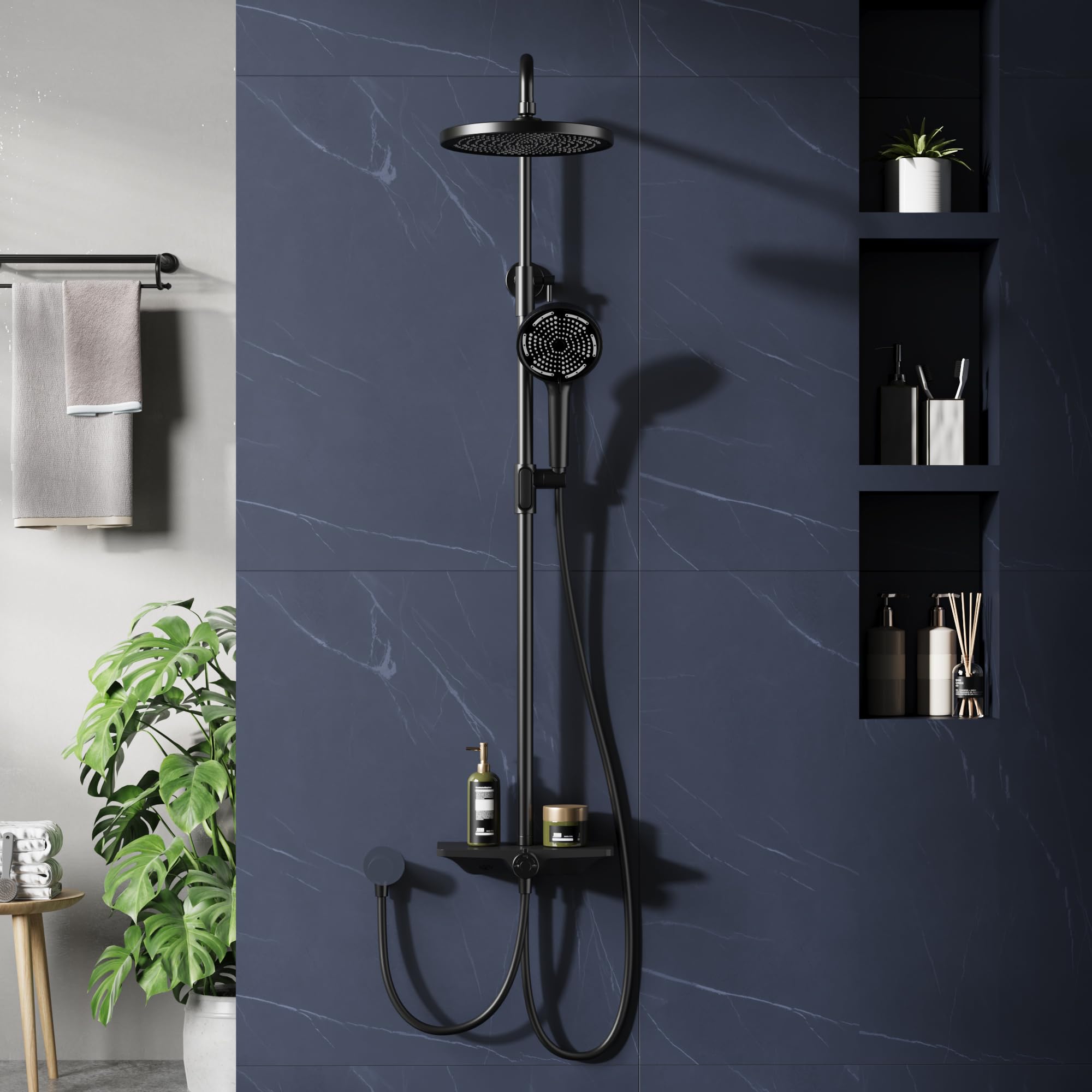 GarveeHome Regendusche-Set, Ohne Armatur, Duschsystem Mit Ablage, Edelstahl, Mit Duschablage, Verstellbarer Duschstange, Rundem Duschkopf 25 cm