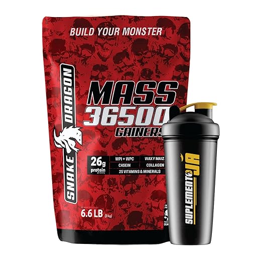Kit 1x Hipercalórico Mass 36500 Gainers Refil 3Kg Proteínas Whey Protein Isolado e Concentrado Vitaminas e Minerais Colageno Waxy Maize Matéria Prima Importada - Snake Dragon + Coqueteleira (Chocolate Belga)