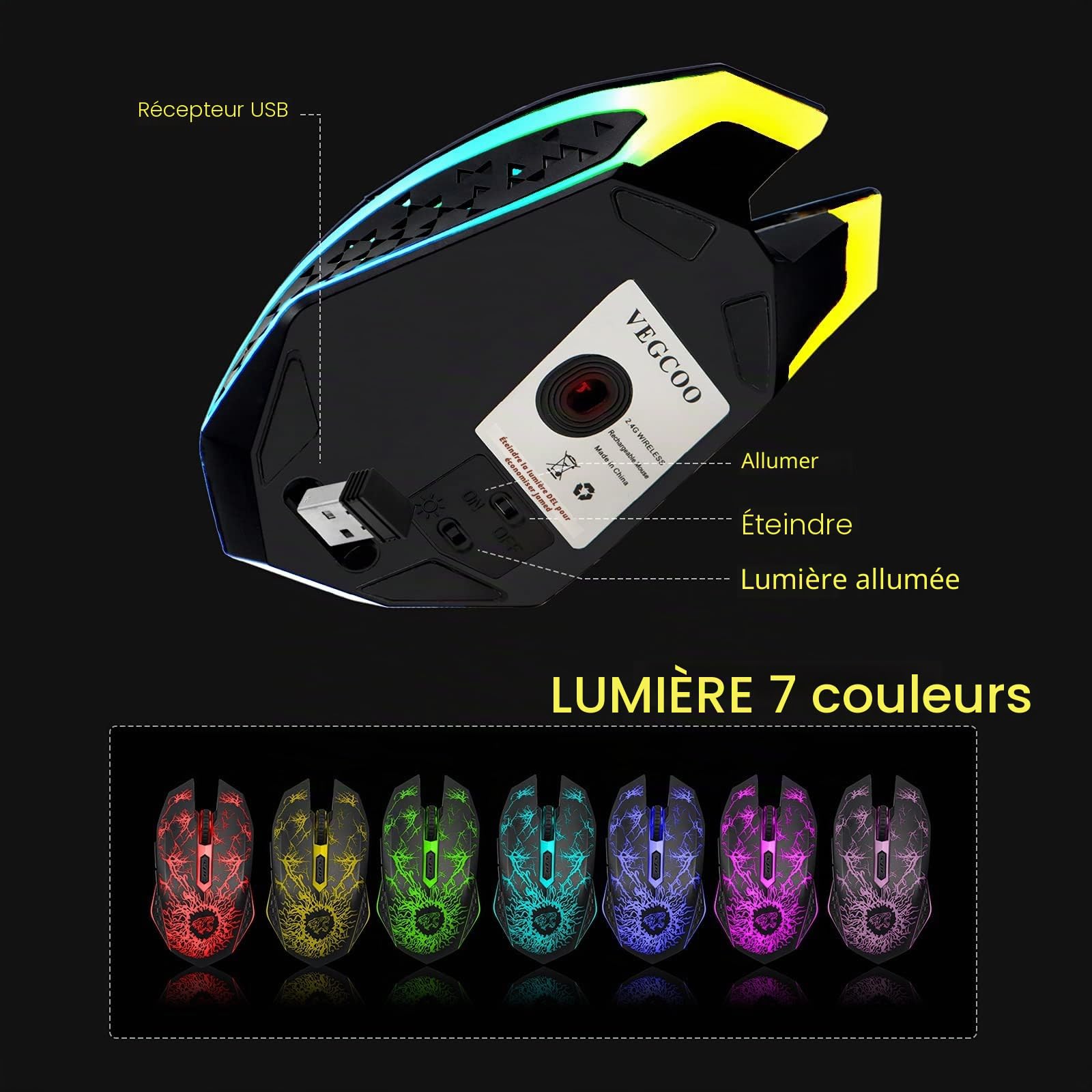 VEGCOO Souris de Jeu sans Fil, Souris de Jeu Rechargeable, Souris Optique silencieuse avec récepteur USB 2,4 G, 3 Niveaux DPI, 7 Boutons, lumières LED 7 Couleurs pour PC/Mac Gamer