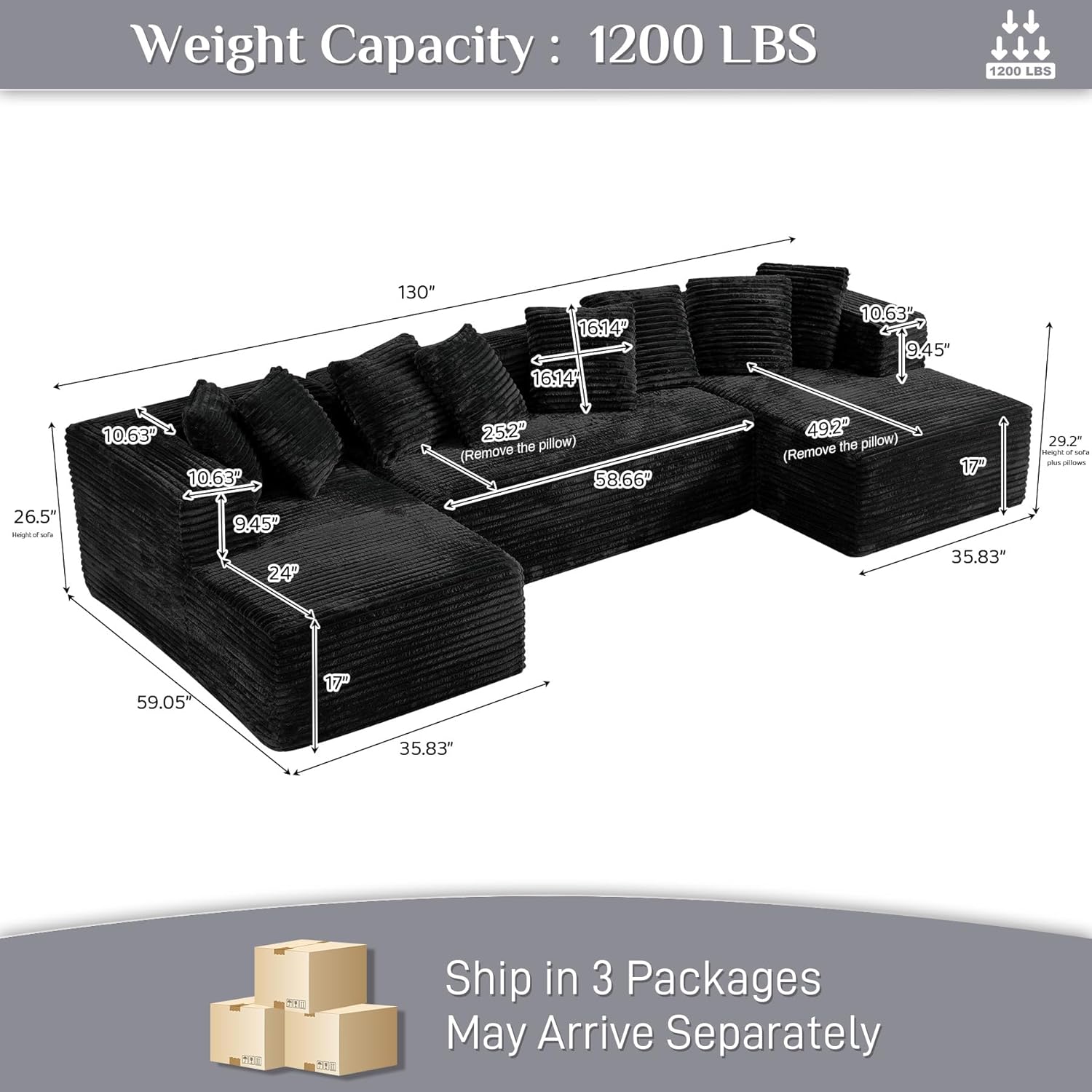 Modular Sectional Sofa Cloud Couch, 131" Black Boneless Couches for Living Room, Comfy Deep Seat Plush Corduroy Sofa, Modern Fluffy Memory Foam U Shape Sectional Couch with Chaise Lounge 130''-U Shaped Black