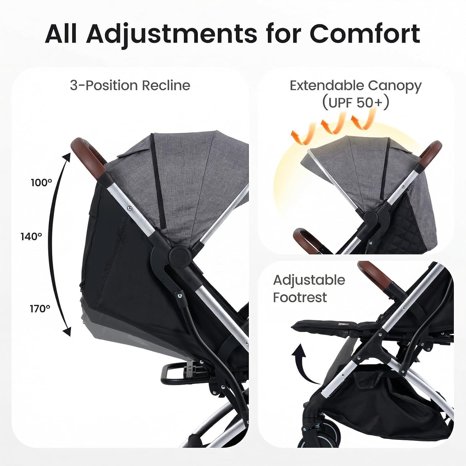 INFANS Travel Stroller, Lightweight Compact Baby Stroller for Airplane with One-Hand Fold, Multi-Position Recline, Canopy, 4 Wheel Suspension, Storage Basket (Grey+Silver)