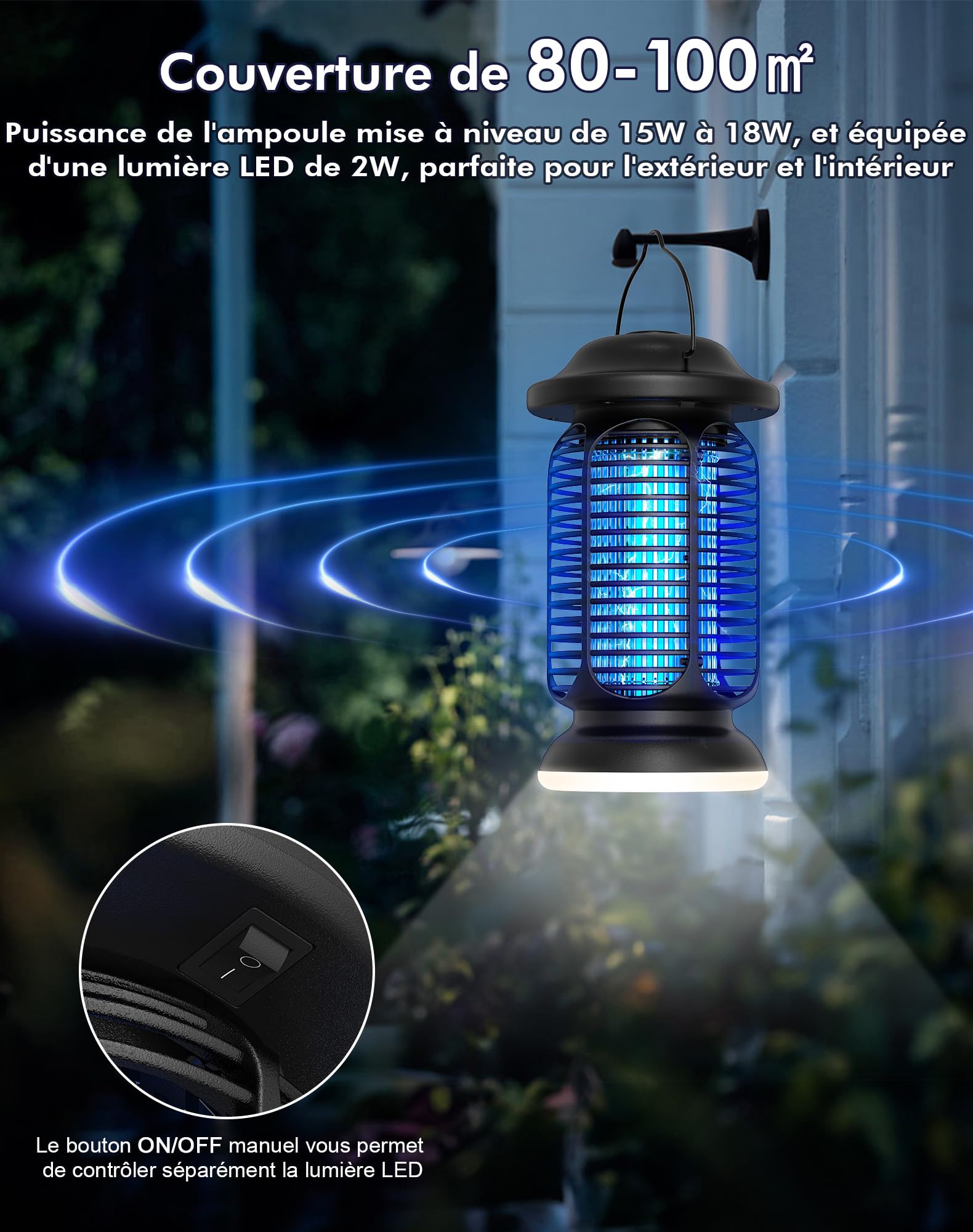 Lampe Anti Moustique 4000V Tue Mouche Électrique 20W UV IPX4 Étanche Piège à Insectes Extérieur Intérieur