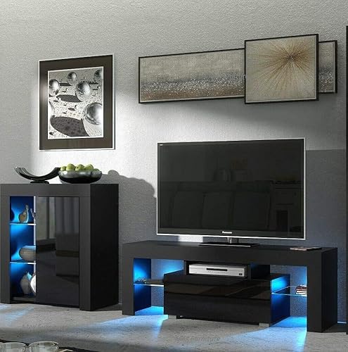 Miniatura 10 de Binrrio Soporte de TV blanco con luz, centro de entretenimiento con cajón de almacenamiento para TV de 55 pulgadas, soporte de TV de alto brillo,