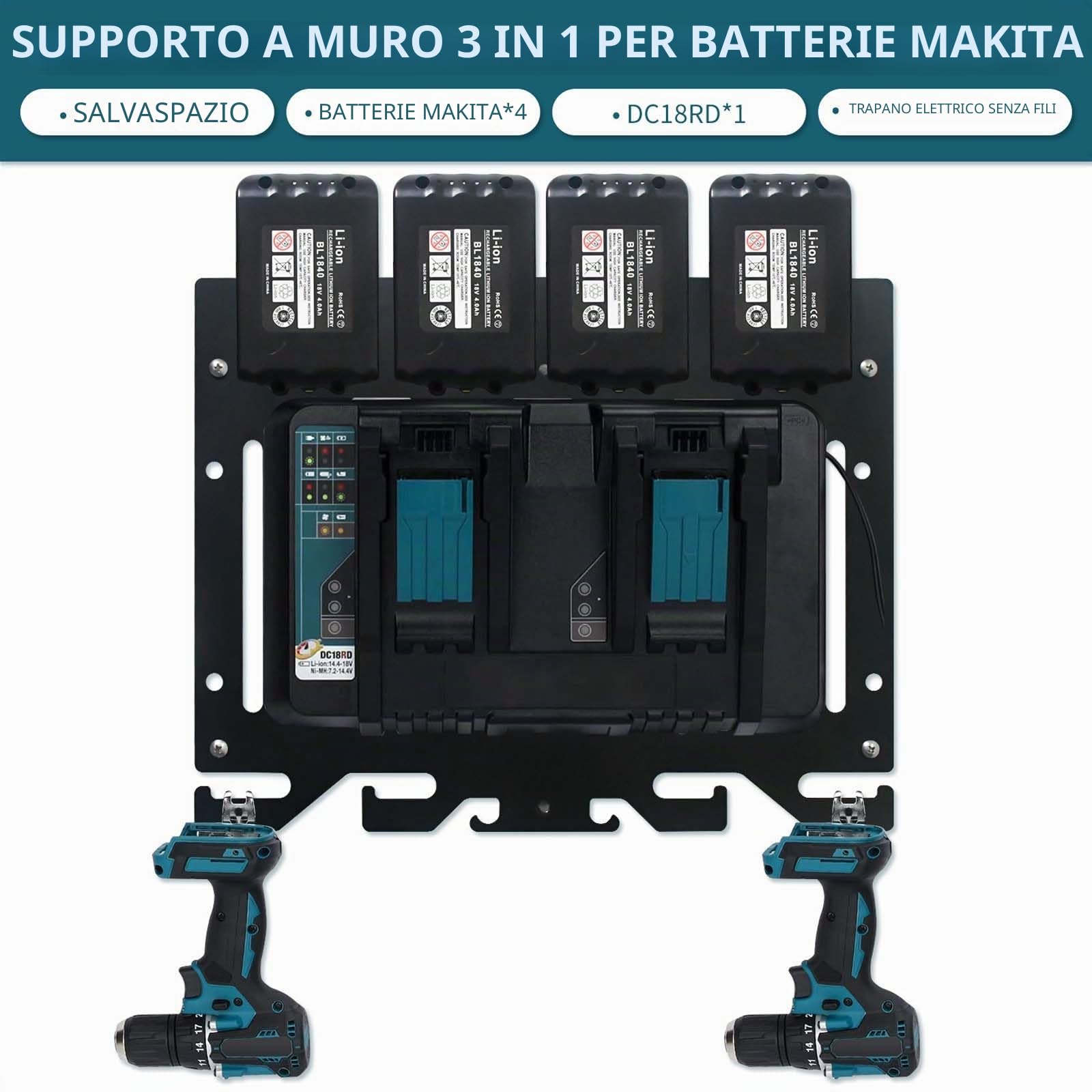 Supporto Per Batteria Makita, Supporto Da Parete 3 In 1 Per Batterie Makita Caricabatterie 18 V/14,4 V E Supporto Per Trapano Avvitatore A Batteria Stabile 4 Porta Batterie Supporto Caricabatterie