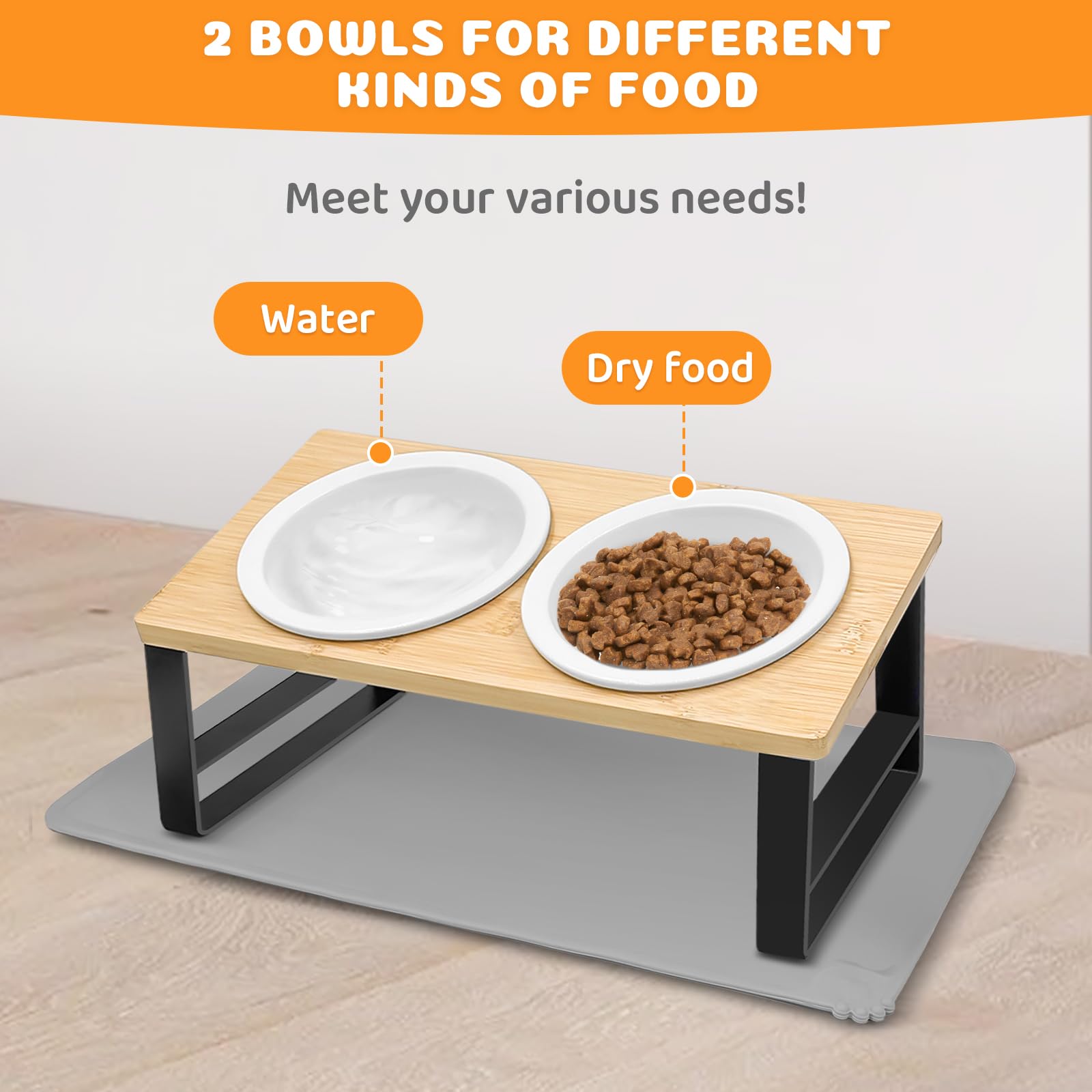 Ciotole Rialzate Per Gatti In Ceramica - Set 2 Ciotole Inclinate 15° Con Supporto Bambù - Foto 3