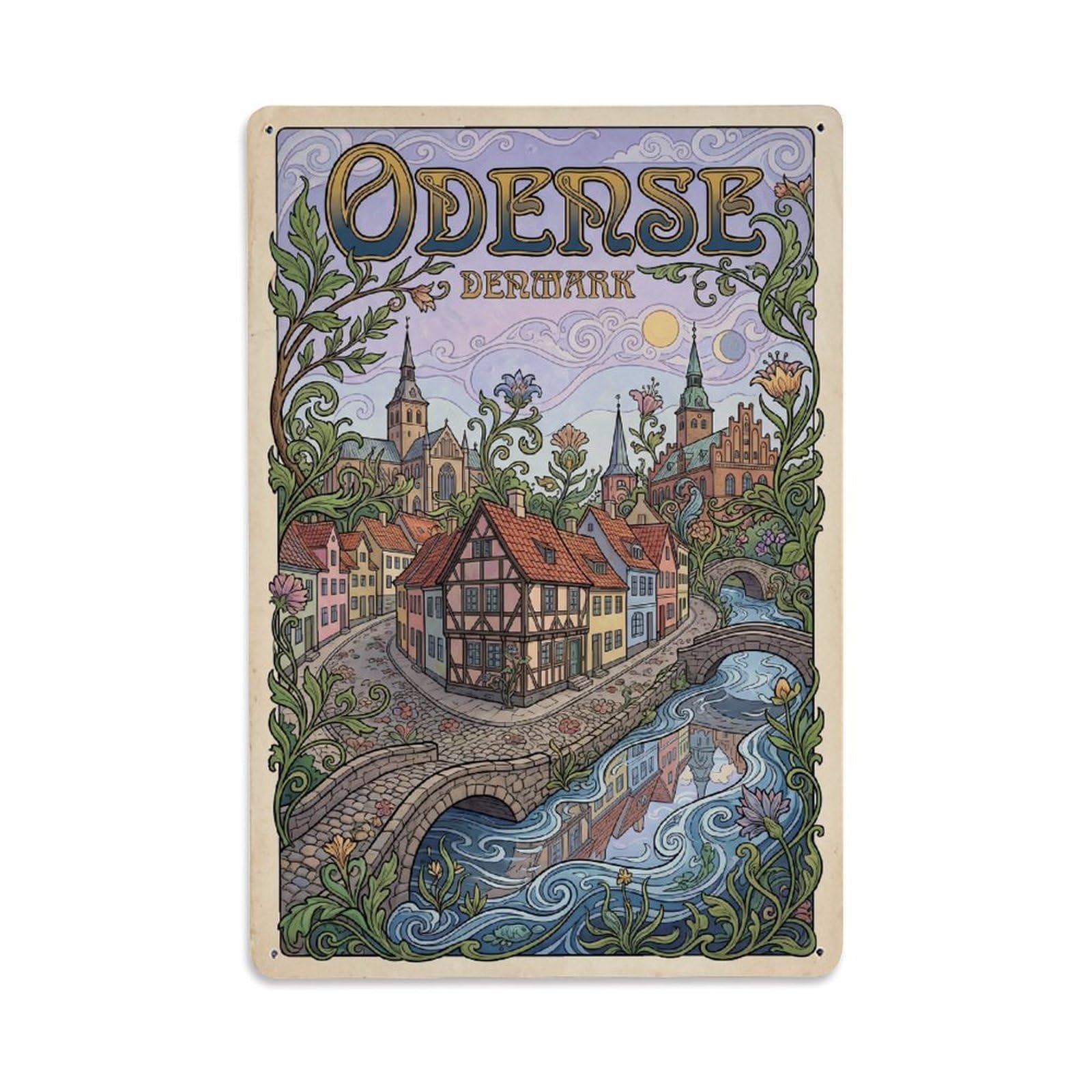 Denmark Odense Vintage Travel Metal Tin Sign Plaque Wall Decor for Cafe, Club Bar, Office, Garden Metal Poster 8x12Inch