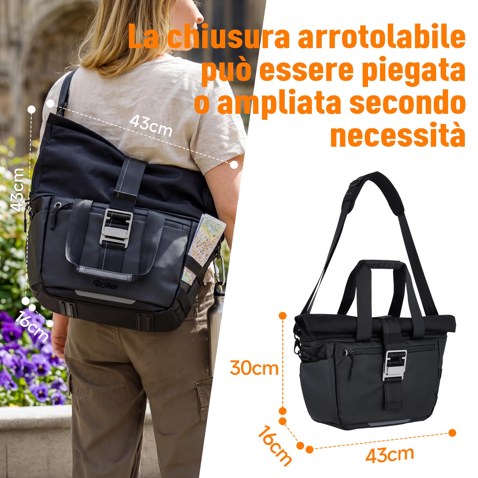 Borsa per Fotocamera, Rollei Fotoliner Ocean Rolltop Bag L Borsa Fotografica Impermeabile Zaino Fotografico Grande con Tracolla Regolabile Crossbody Borse per Macchina Fotografia DSLR e Accessori Nera