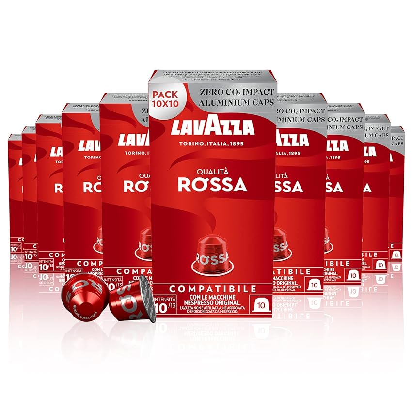 Immagine del prodotto Lavazza, Qualità Rossa, 100 Capsule di Caffè in Alluminio Compatibili con Macchine Nespresso Original, con Note di Cioccolato e Frutta Secca, Arabica e Robusta, Intensità 10/13, Tostatura Media