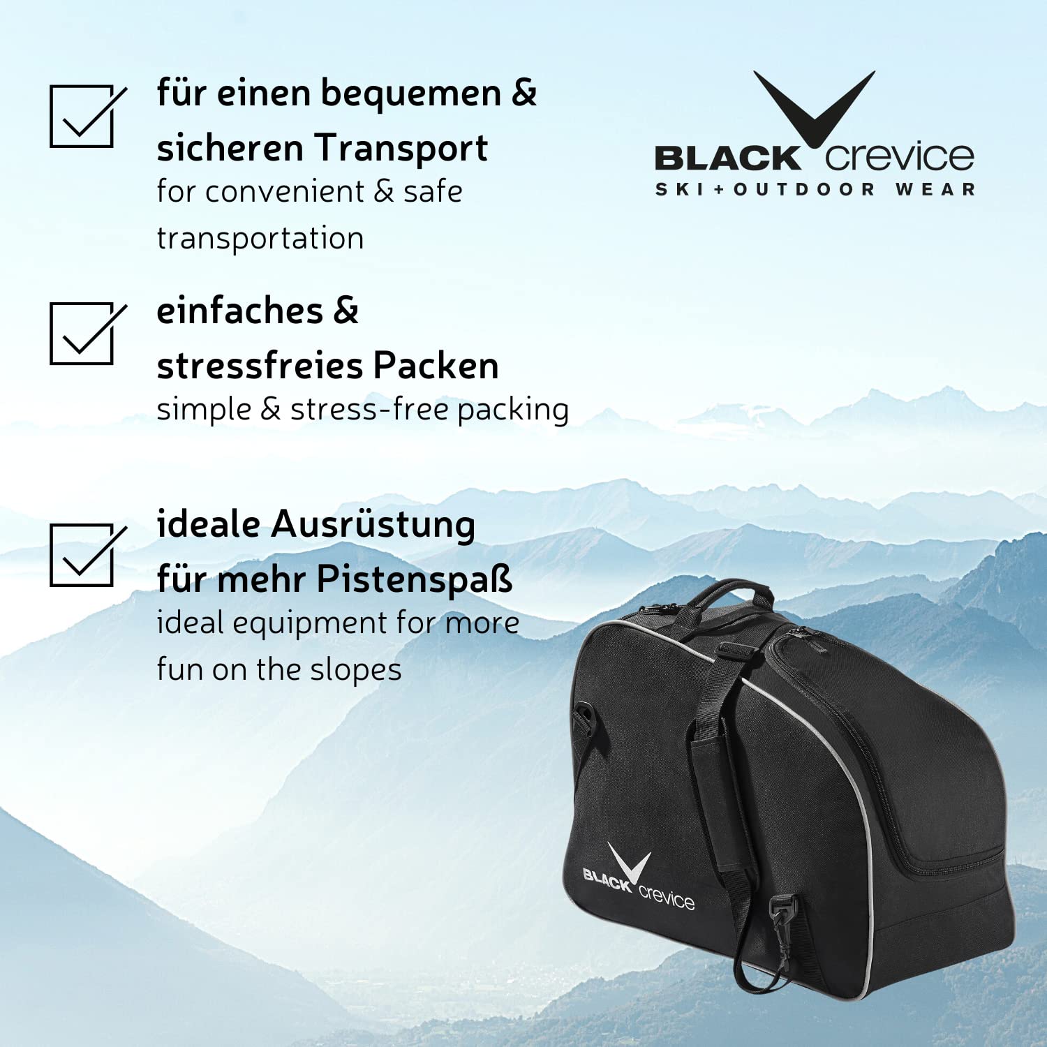 Black Crevice Bolsa para Botas y Casco de esquí I Bolsa para Botas de esquí/Snowboard y Casco Ajustable con Gran Compartimento Principal y secundario con Cremallera I tamaño: 53x26x39cm