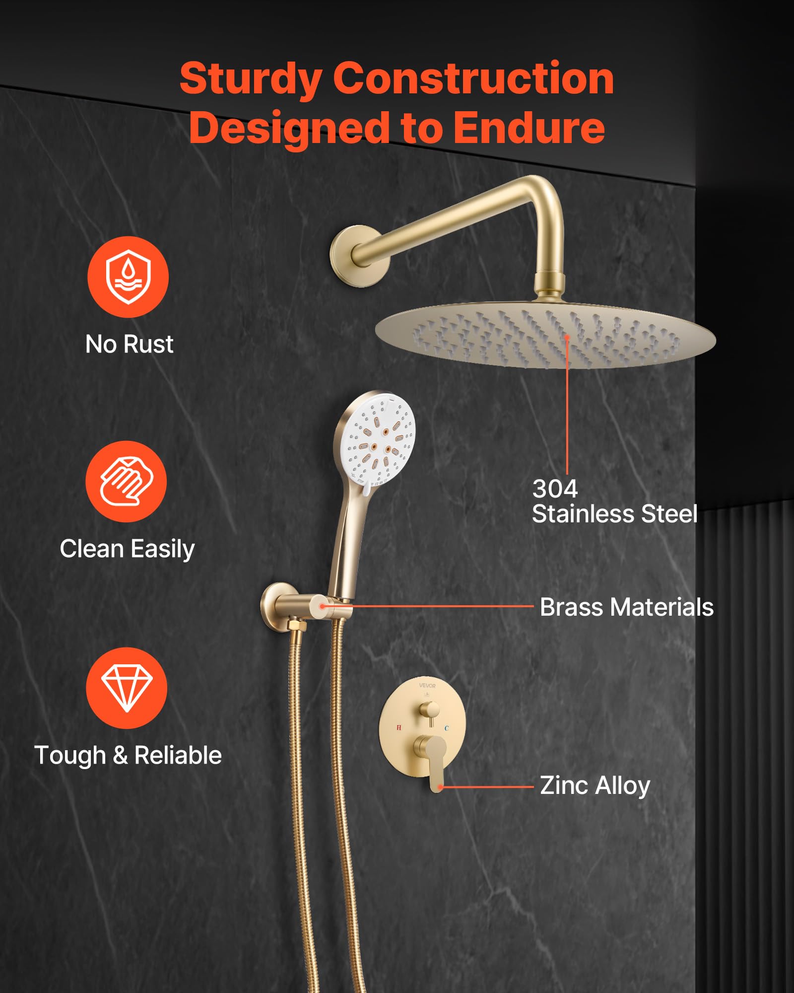 VEVOR Sistema Doccia a Pioggia per Bagno con Soffione Tondo 254 mm e Doccetta, Set di Rubinetti da Doccia a Parete, con Valvola in Ottone e Kit di Finitura, Rubinetto Doccia, Oro Spazzolato
