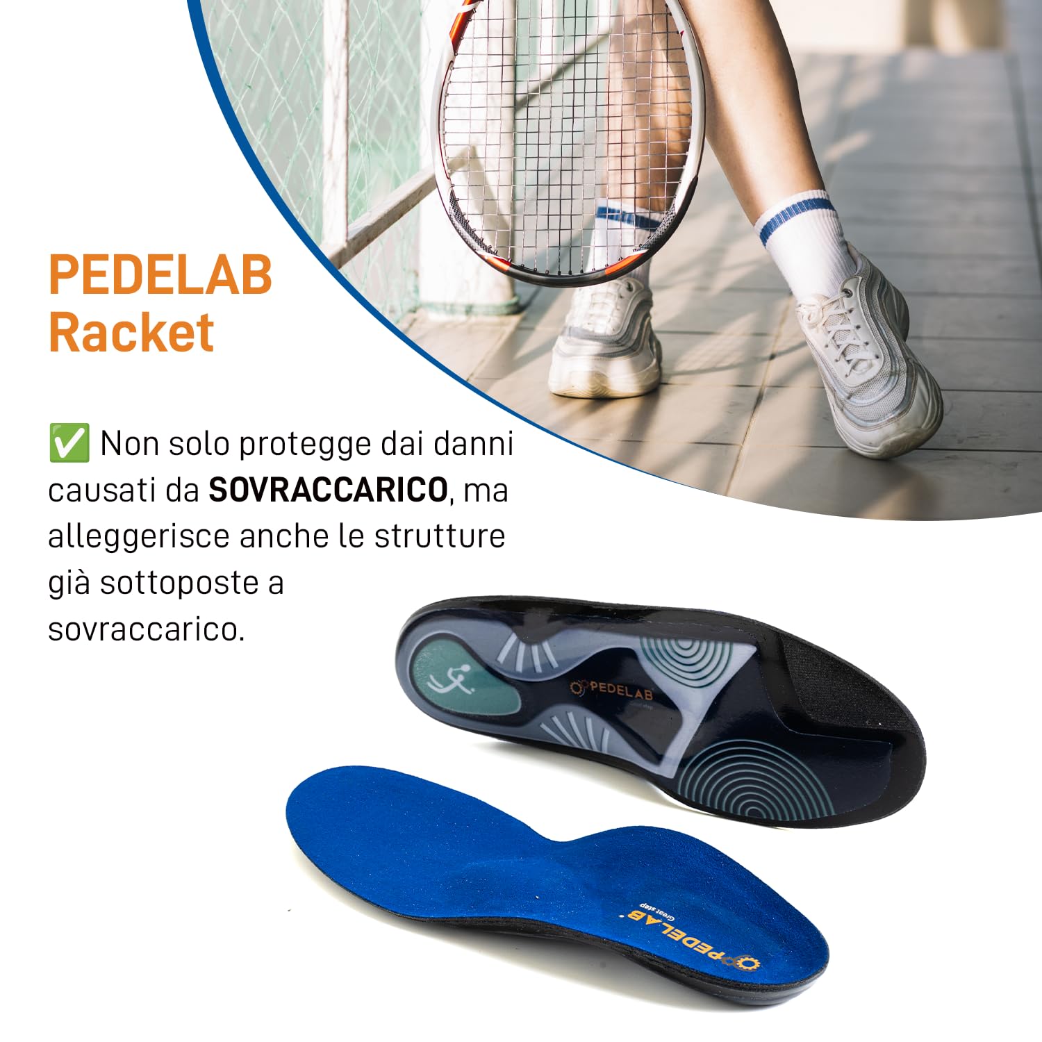 Pedelab Sport Racket, Plantari Ortopedici Sportivi, Misure XL 43-44 | Solette Scarpe per Tennis, Padel, Squash e Ping Pong | Supporto Arco Plantare, Stabilità e Comfort | Per Piede Piatto, Valgo