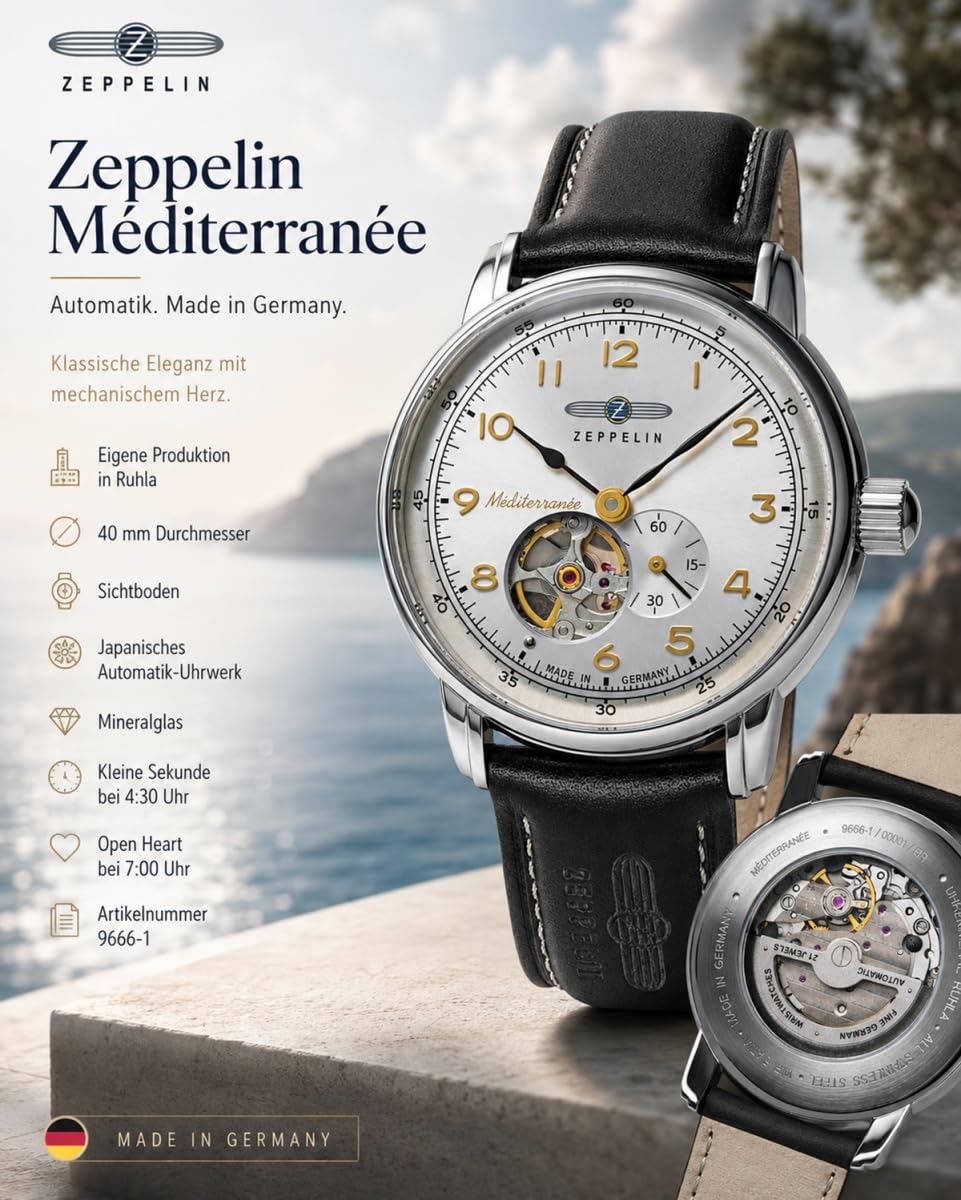 Zeppelin 9666-1 Méditerranée Herren Automatikuhr Open Heart 40 mm
