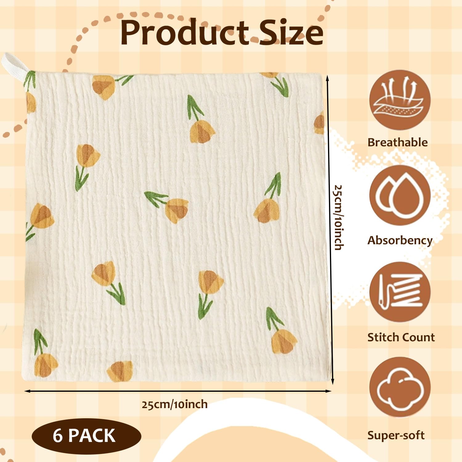Wuneiox 6 Pack Muslin Cloths for Baby 100% Cotton Baby Muslin Cloths, Four Layer Ultra Soft & Absorbent Burp Cloths - Image 2