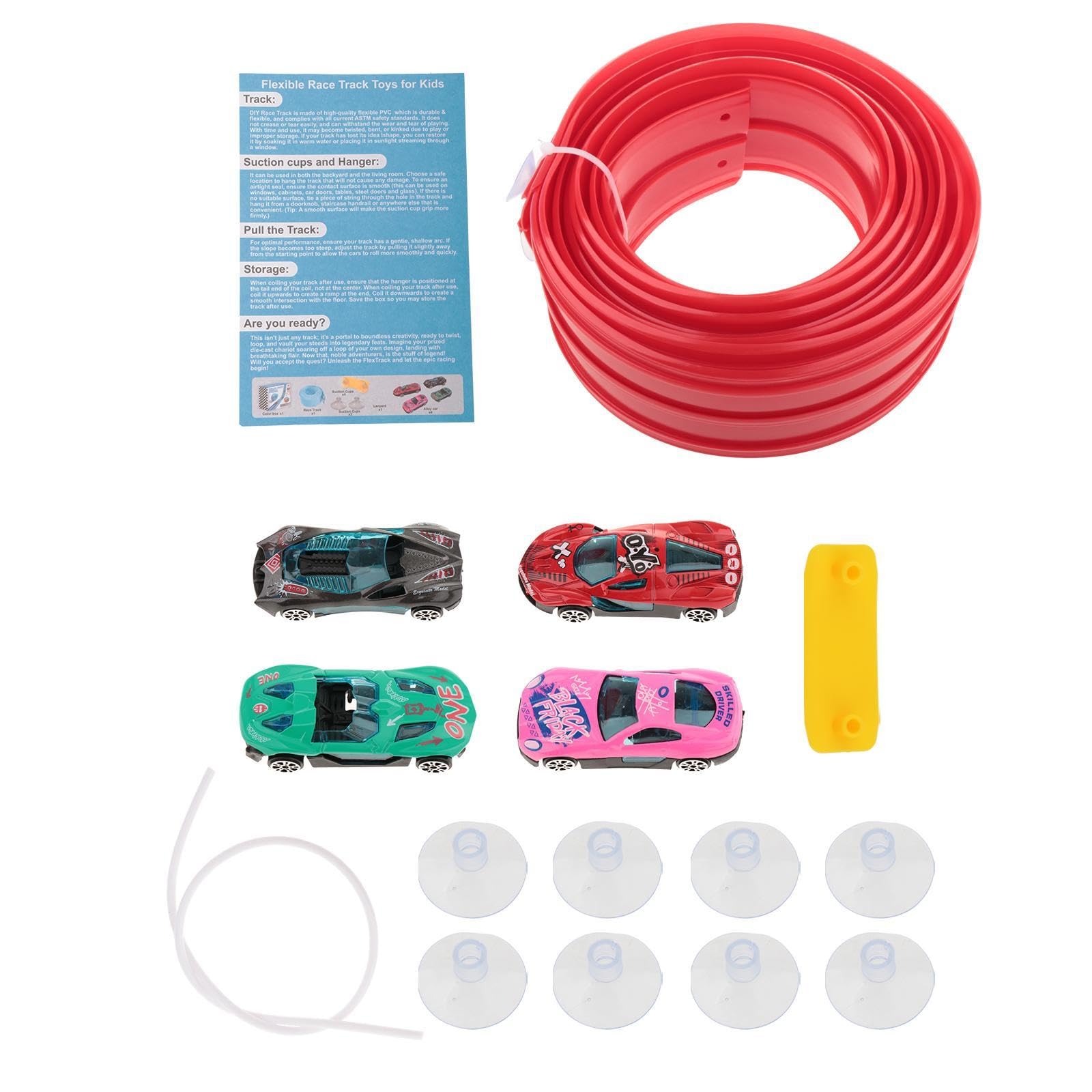 Pista de Carreras Flexible de 4,5 Metros con 4 Coches de Aleación, Kit de Construcción con Ventosas, Juguete Portátil para Niños, Rojo