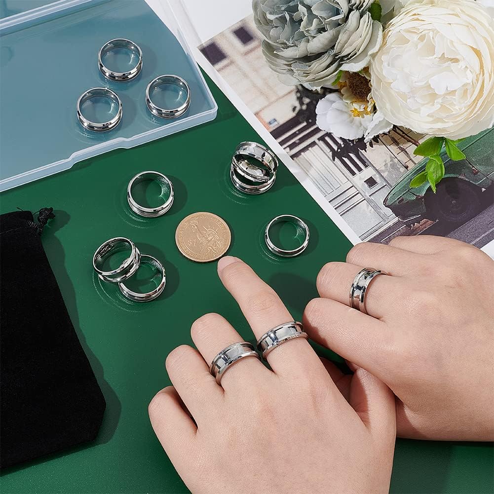 UNICRAFTALE 12pcs Blank Core Ring Size 7 Stainless Steel Grooved Finger Ring with Velvet Pouches Round Empty Ring Blanks for Inlay Ring Jewelry Wedding Band Making