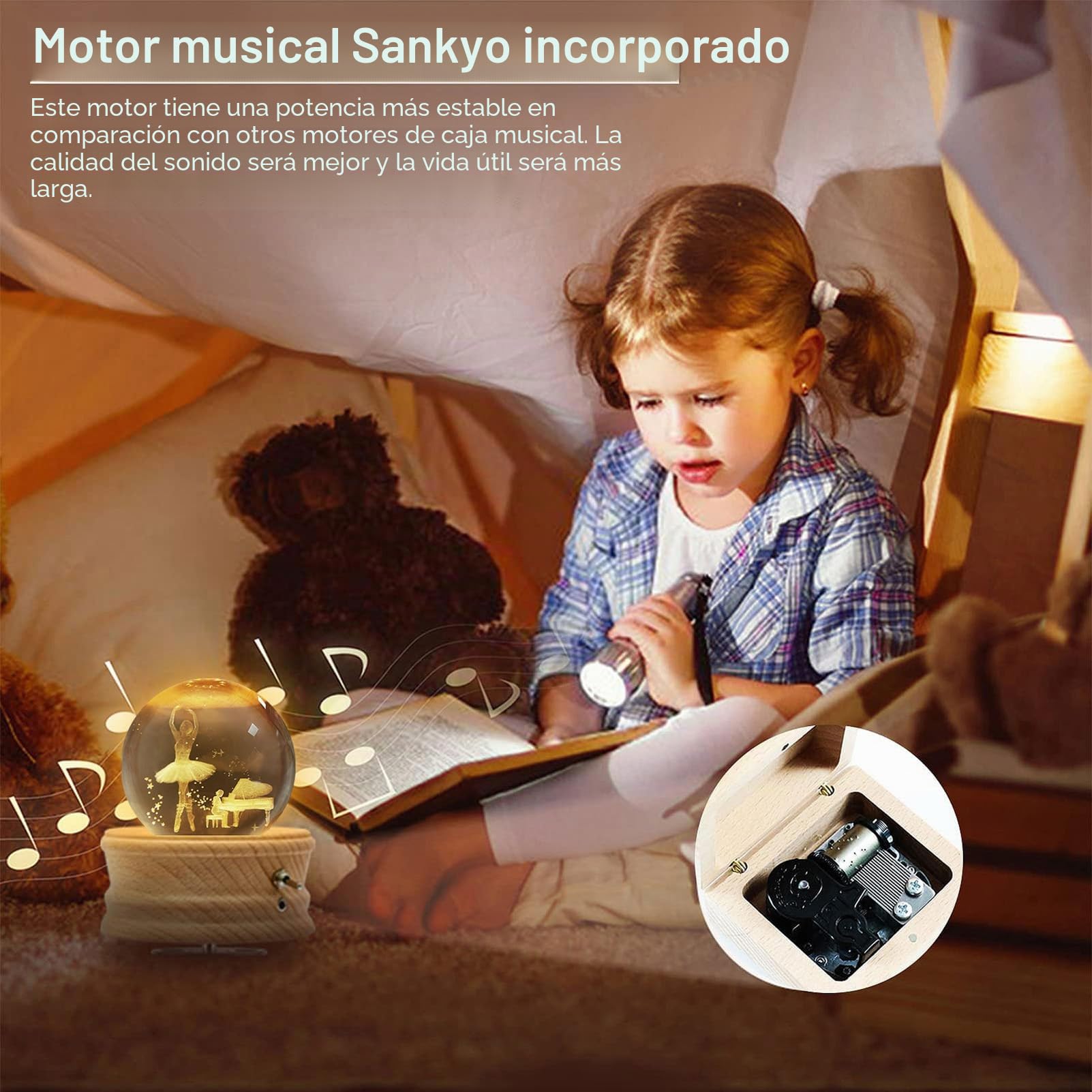 Caja de Música con Bola de Cristal 3D, Caja de Música Giratoria 360° Luminosa con Proyección de luz y Base de Madera para Niños, Esposas, Madres, Regalo Decorativo Creativo(Princesa de Ballet)