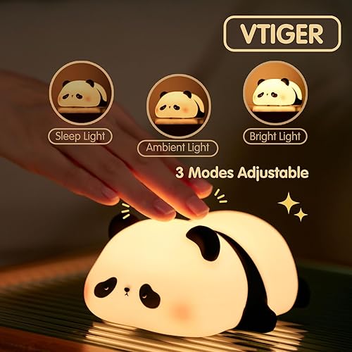 Miniatura 2 de VTIGER Luz nocturna de panda para niños, lámpara LED recargable táctil, linda lámpara de silicona de grado alimenticio, 3 modos de lámpara de noche
