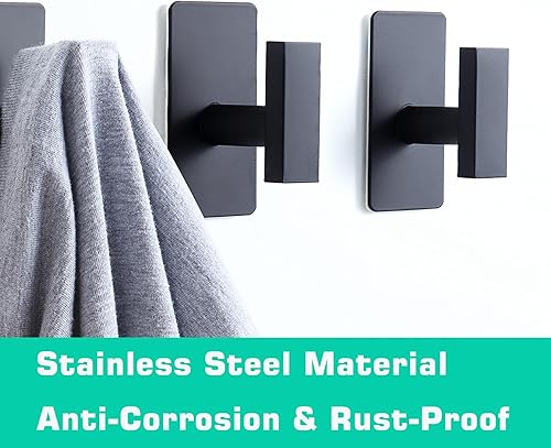 Miniatura 3 de Paquete de 4 ganchos adhesivos para toallas, color negro mate, ganchos de pared adhesivos de acero inoxidable para baño, cocina, toallas, abrigos,