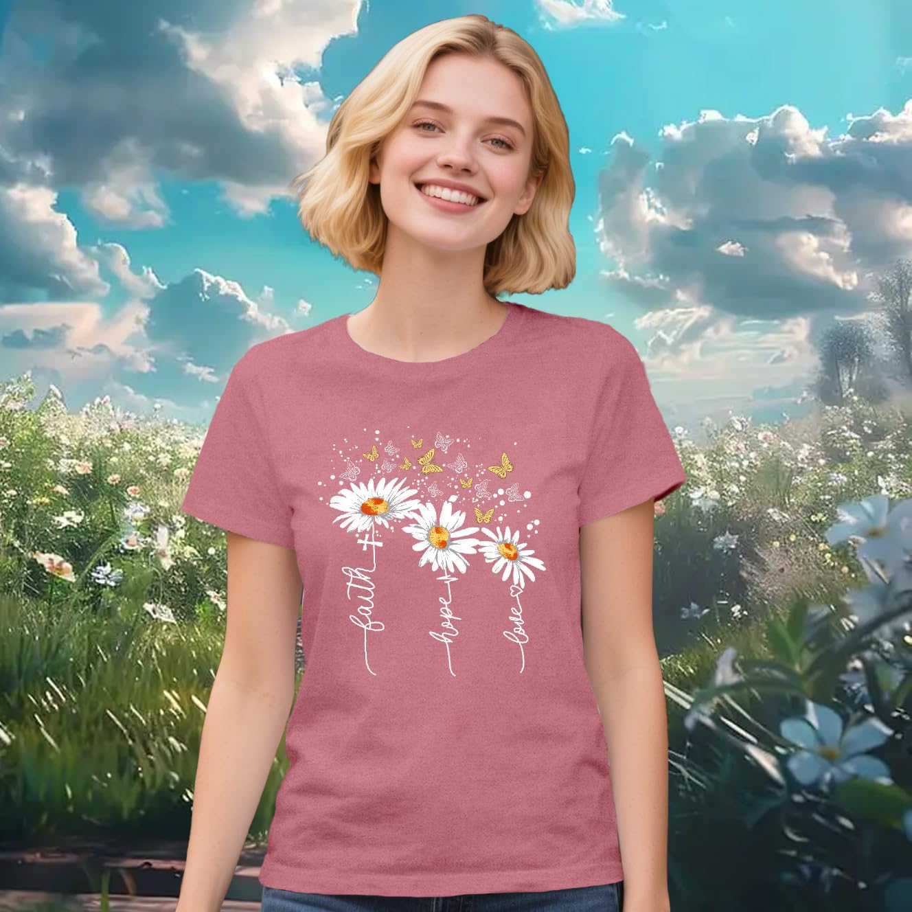 Christian Shirts for Women Daisy Floral T-Shirt Faith Hope Love Tee Butterfly Tops - Image 5