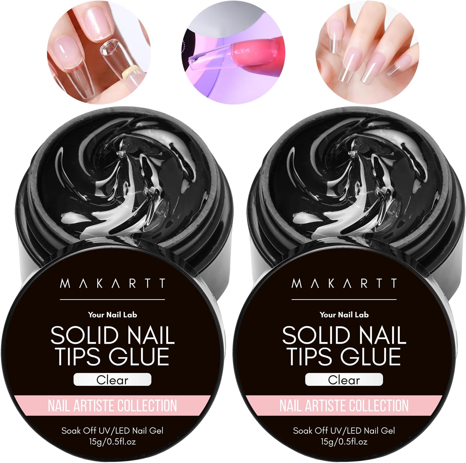 Makartt Solid Nail Glue Gel: Nail Glue for Press on Nails 2pcs, Clear Solid Gel Nail Glue for Nail Tips Strong Fake Nail Bonding Gel Glue for Acrylic Nails Non-Stick Hands Hard Gel for Nail Art 15ml*2