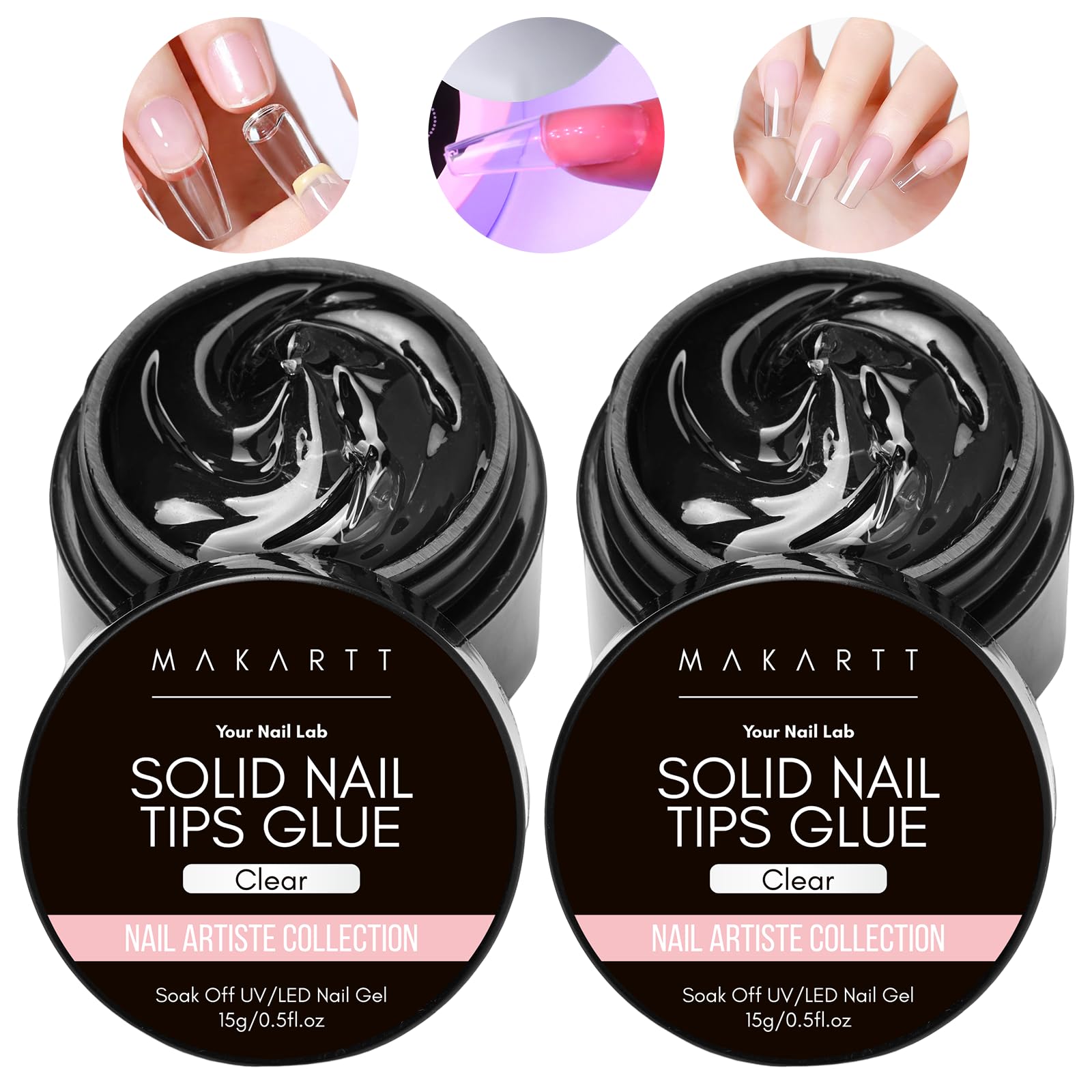 MakarttSolid Nail Glue Gel: Nail Glue for Press on Nails 2pcs, Clear Solid Gel Nail Glue for Nail Tips Strong Fake Nail Bonding Gel Glue for Acrylic Nails Non-Stick Hands Hard Gel for Nail Art 15ml*2