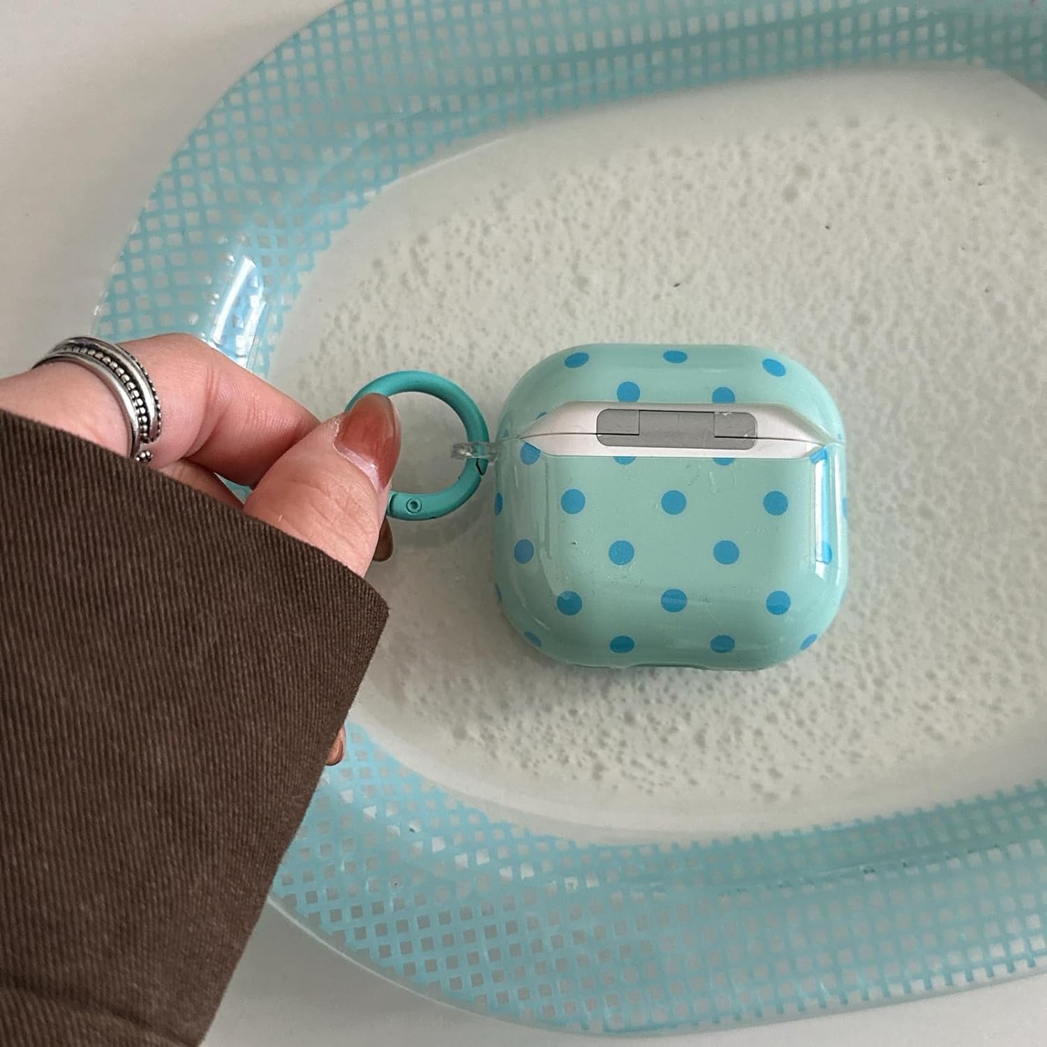 Teal Polka Dot Case for Airpods Pro with Keychain, Blue Dots image 5