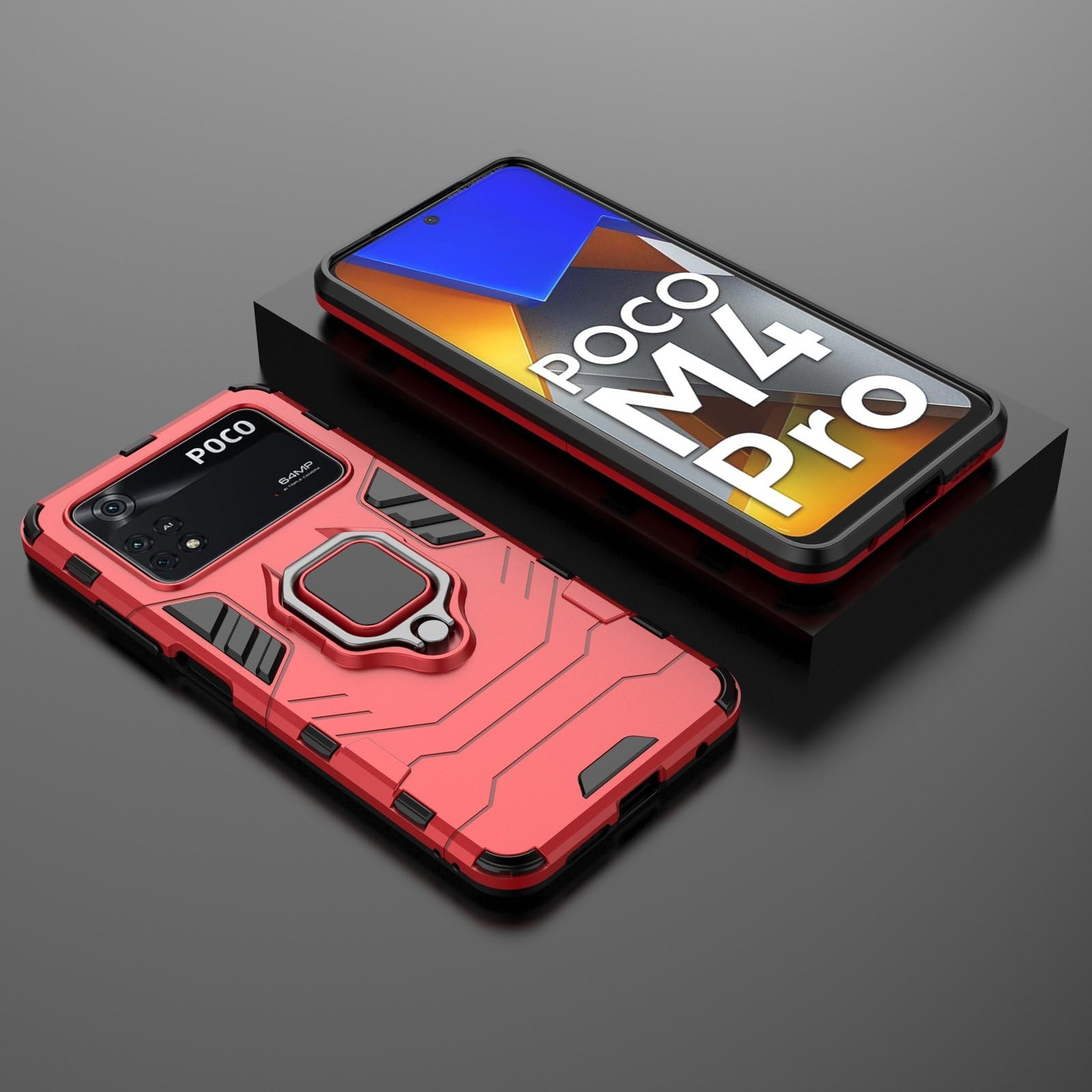 Max Power Digital Cover per Xiaomi Poco M4 Pro con Anello, Custodia Supporto Magnetica Rigida Resistente Antiurto Doppio Strato Protettiva Calamita Bumper Case (Xiaomi Poco M4 Pro, Rosso