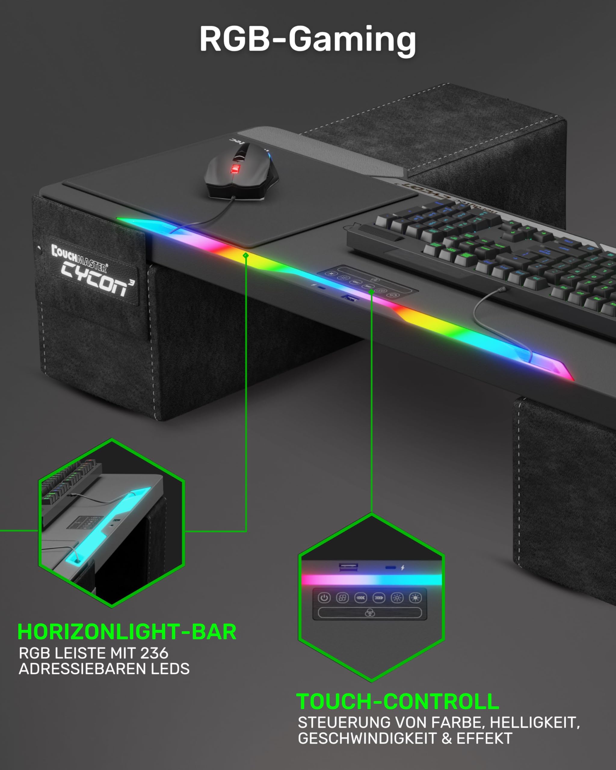 Couchmaster CYCON³ Black HORIZONLIGHT Bar, ergonomischer Gaming Laptoptisch für Couch, Sofa und Bett, Laptop Tisch mit USB Hub für PC, PS4/5, Xbox One/Series X und Laptops