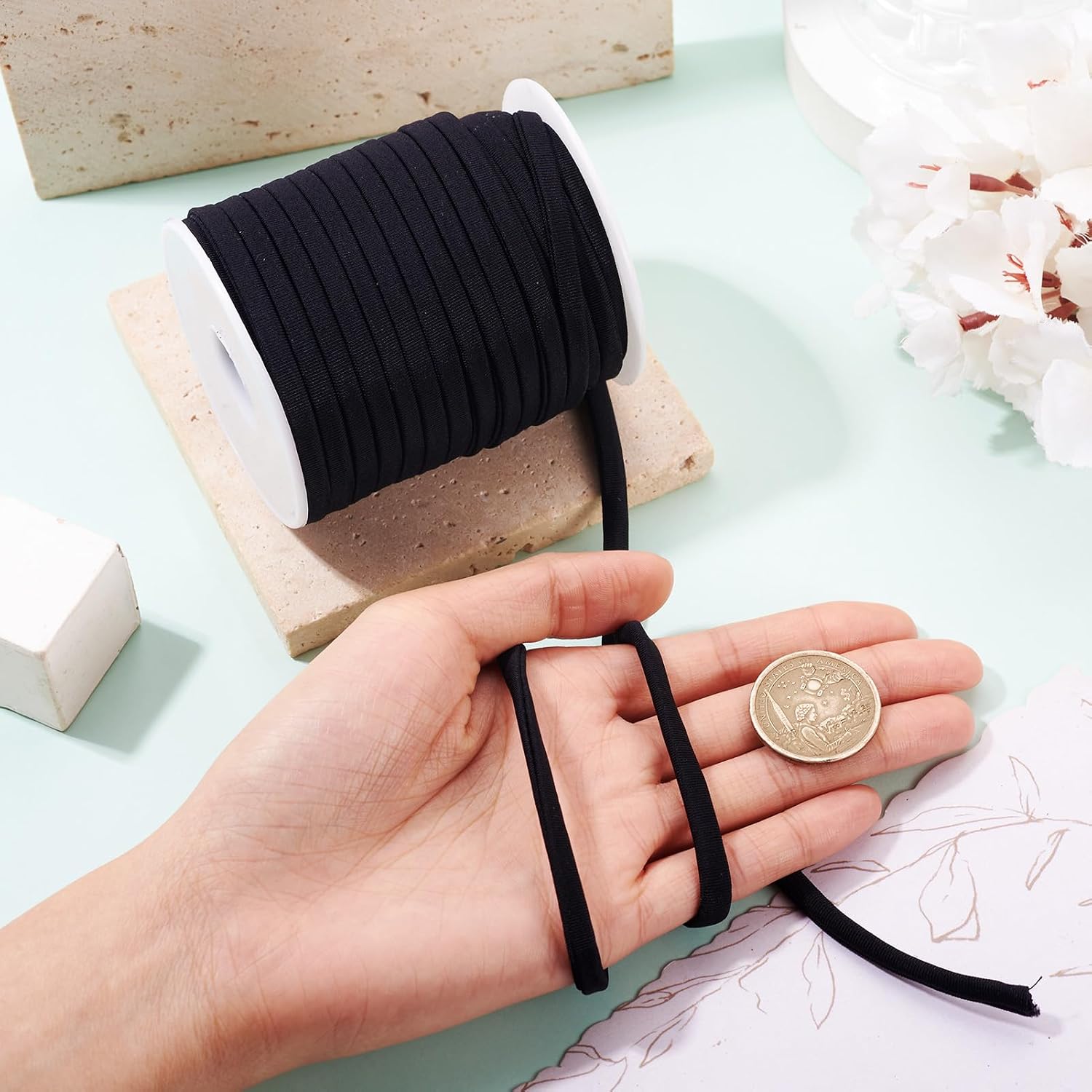Beadthoven 5mm Flat Stretchy Nylon Cord 21.87yards Black Soft Spandex Flat Fabric String Elastic Band Straps Braided Cord for Sewing Clothing Bathing Suit Drawstring DIY Crafts Jewelry Making