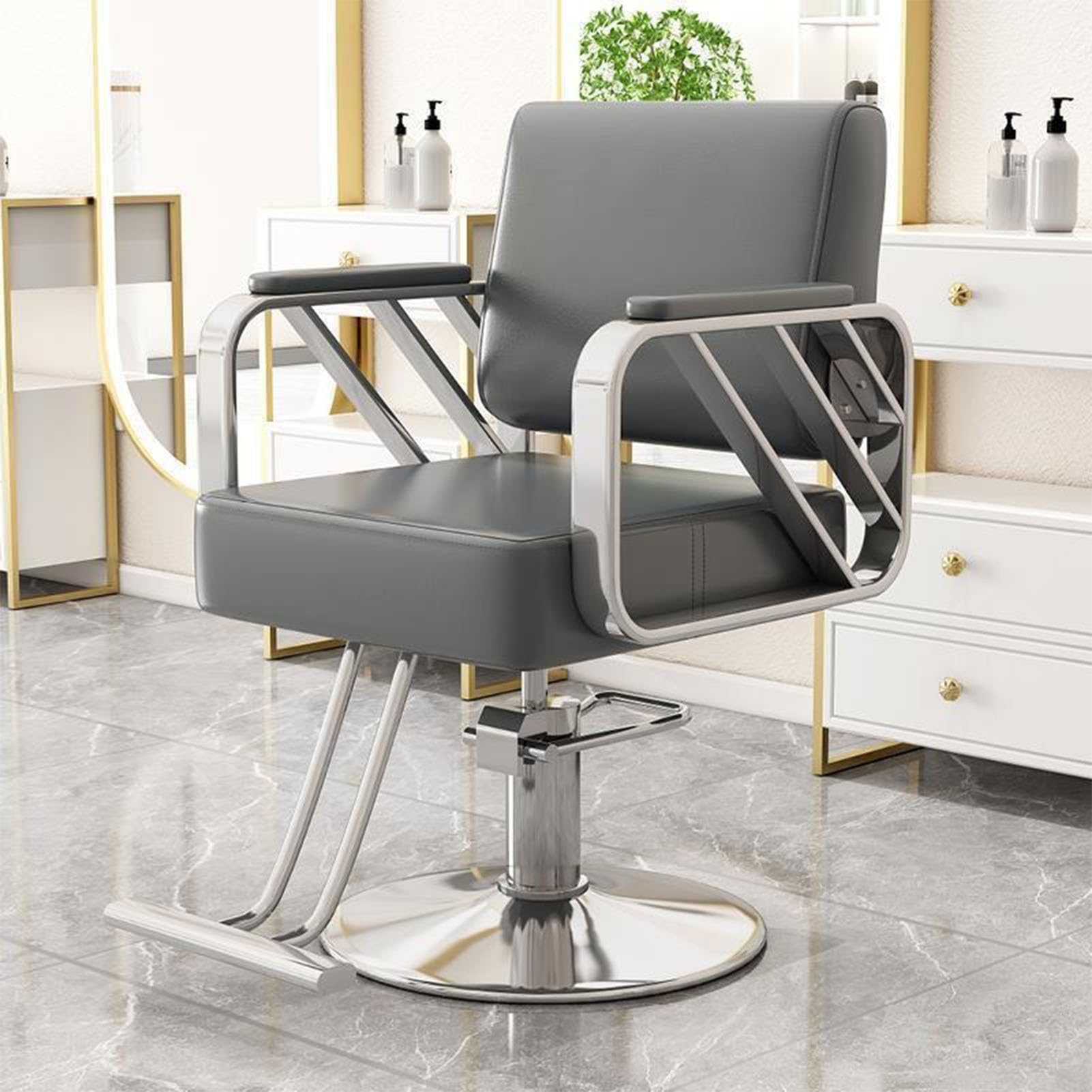 Generico Poltrona da Salone idraulica Professionale - Girevole a 360°, Altezza Regolabile, Elegante Grigio/Argento, Perfetta per Parrucchieri e Centri estetici, Resistente e Comoda