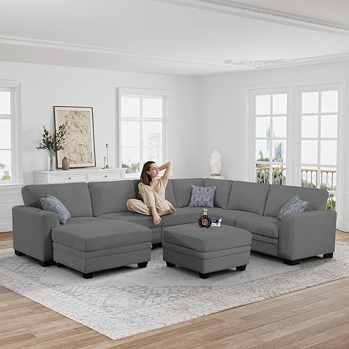Miniatura 3 de Legend Vansen Sofá modular de gran tamaño, sofá en forma de U de 8 asientos con otomana, sofá de pana con asiento profundo, sofás seccionales