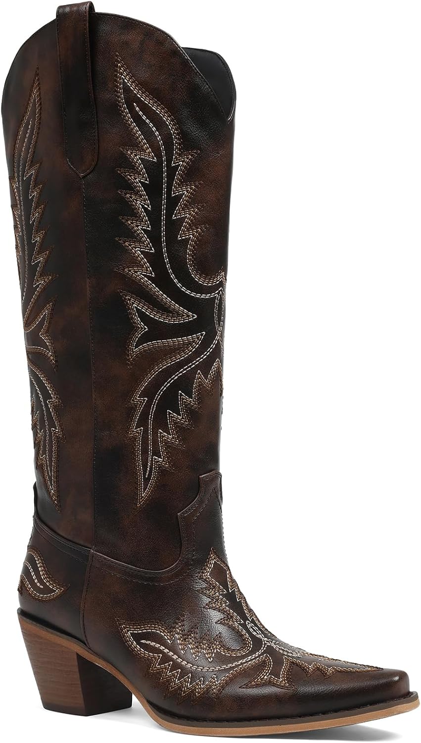 Tscoyuki Cowboy Boots for Women Comfortable Cowgirl Boots Knee High Western Tall Boots with Vintage Embroidery, Chunky Heel, Side Zipper, Snip Toe, Pull On Taps